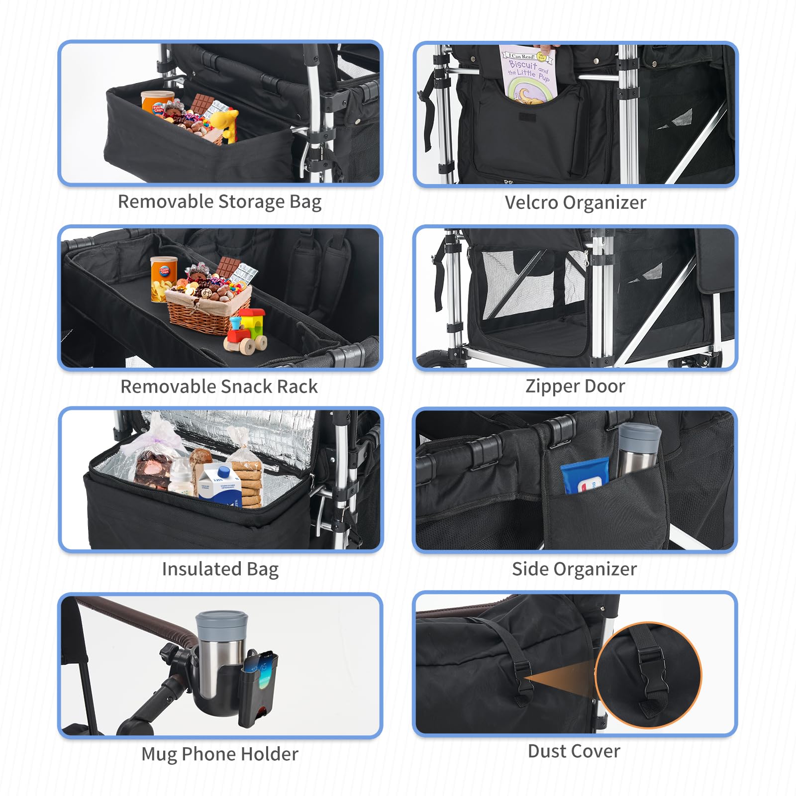 **2-in-1 Stroller Wagon for Kids - Double Seats with 5-Point Safety Harness, Adjustable Canopy & Foldable Design - Perfect for Outdoor Adventures, Shopping, Beach Trips & Family Outings (Black)**