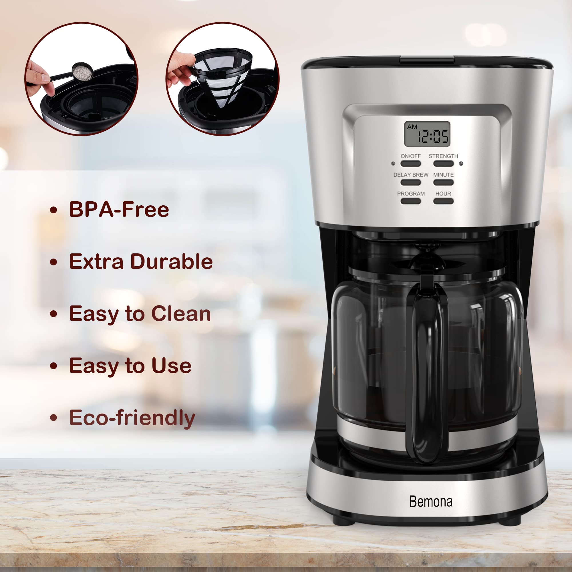 12-Cup Programmable Drip Coffee Maker with Glass Carafe & Permanent Filter - Auto Keep Warm, Water Window - Perfect for Home, Office & Restaurants - Black Coffee Machine