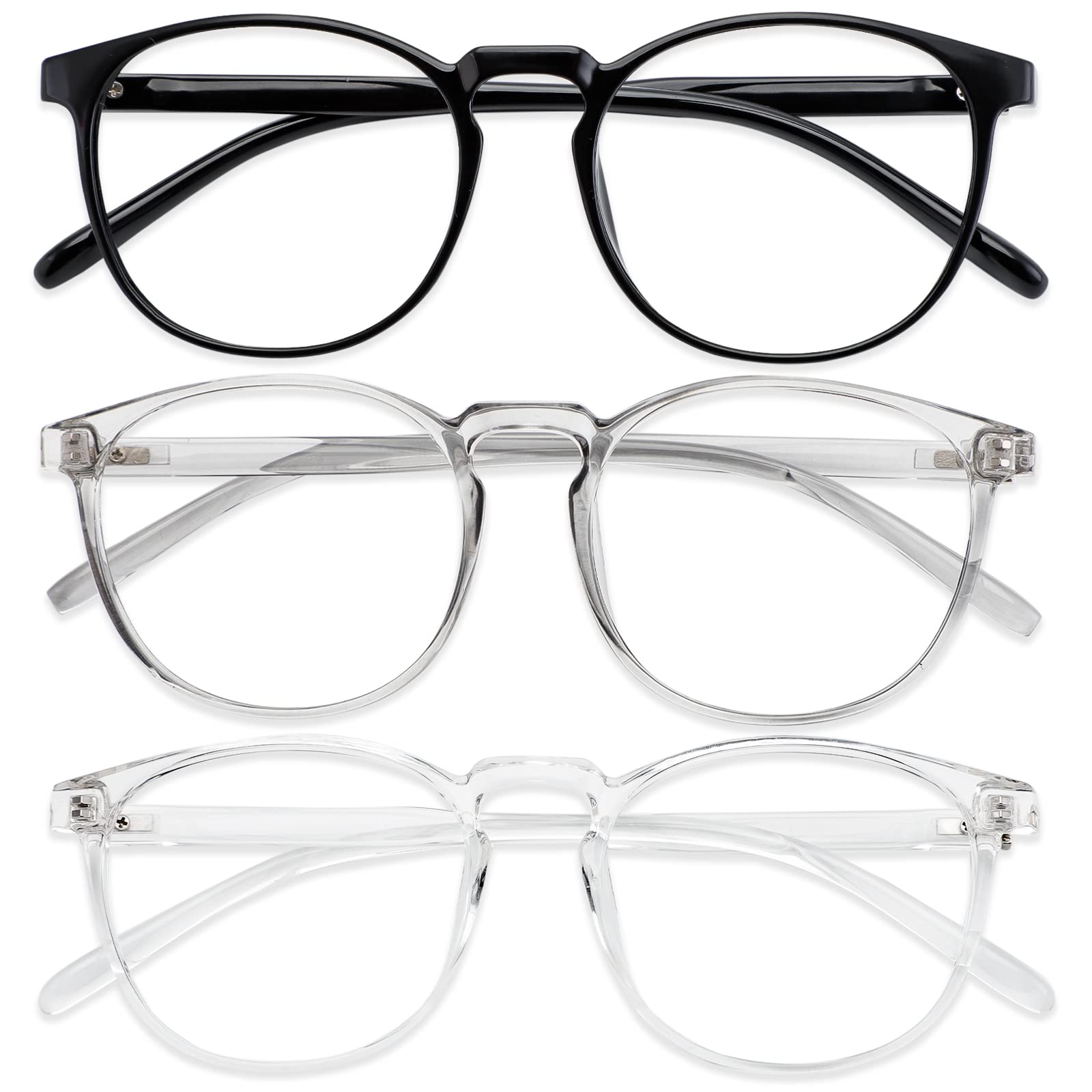 Przene 3 Pack Blue Light Blocking Glasses for Women & Men - Retro Round Computer Glasses Anti Eye Strain, UV & Glare Protection - Gaming & Reading Glasses (Black/Crystal/Gray) for Office, Gaming & Digital Screen Use