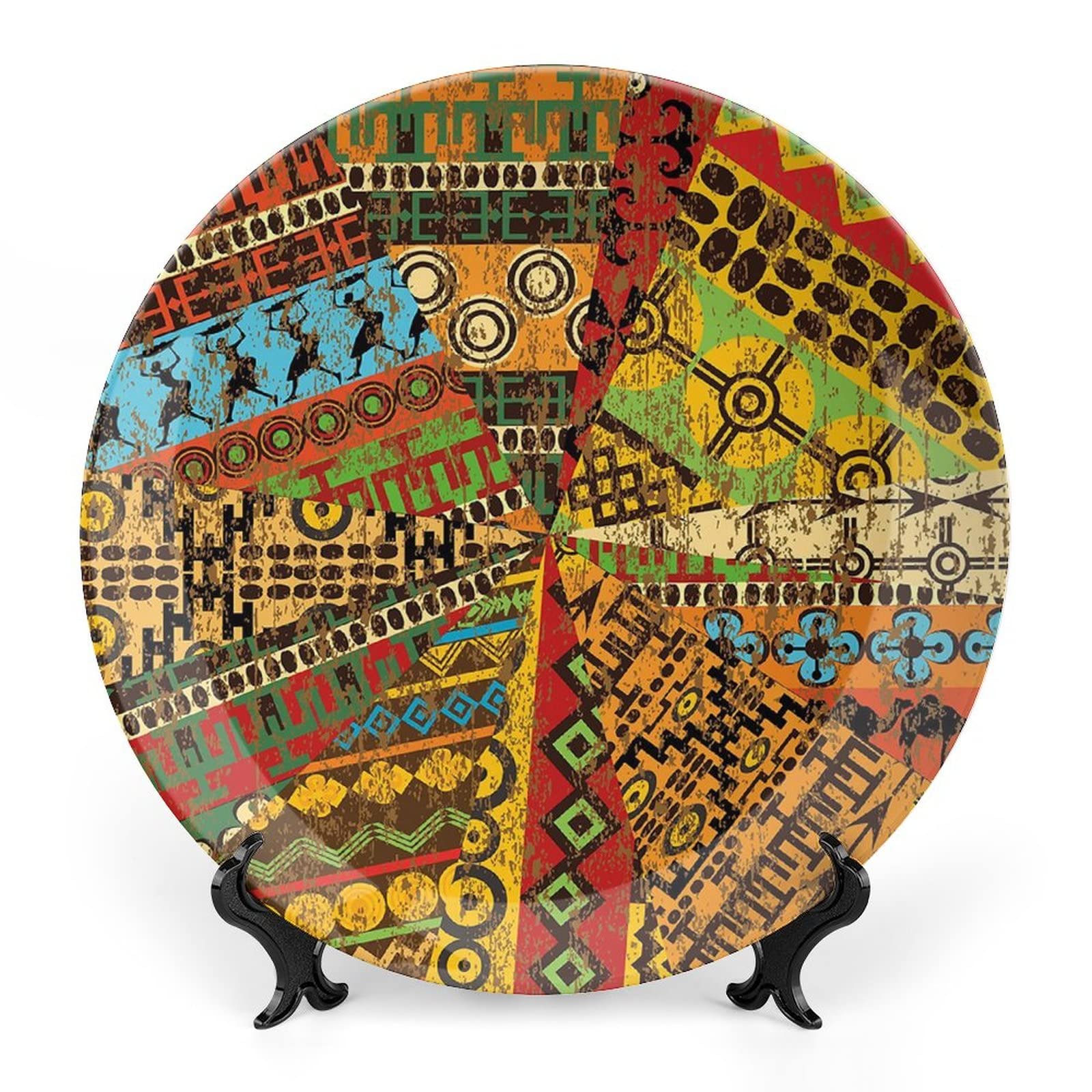 7 Inch African Tribal Ceramic Plates - Handcrafted Decorative Plates with Grunge Collage Motifs for Wall Decor, Kitchen Display & Cultural Home Decor | Multicolor Traditional Household Plates