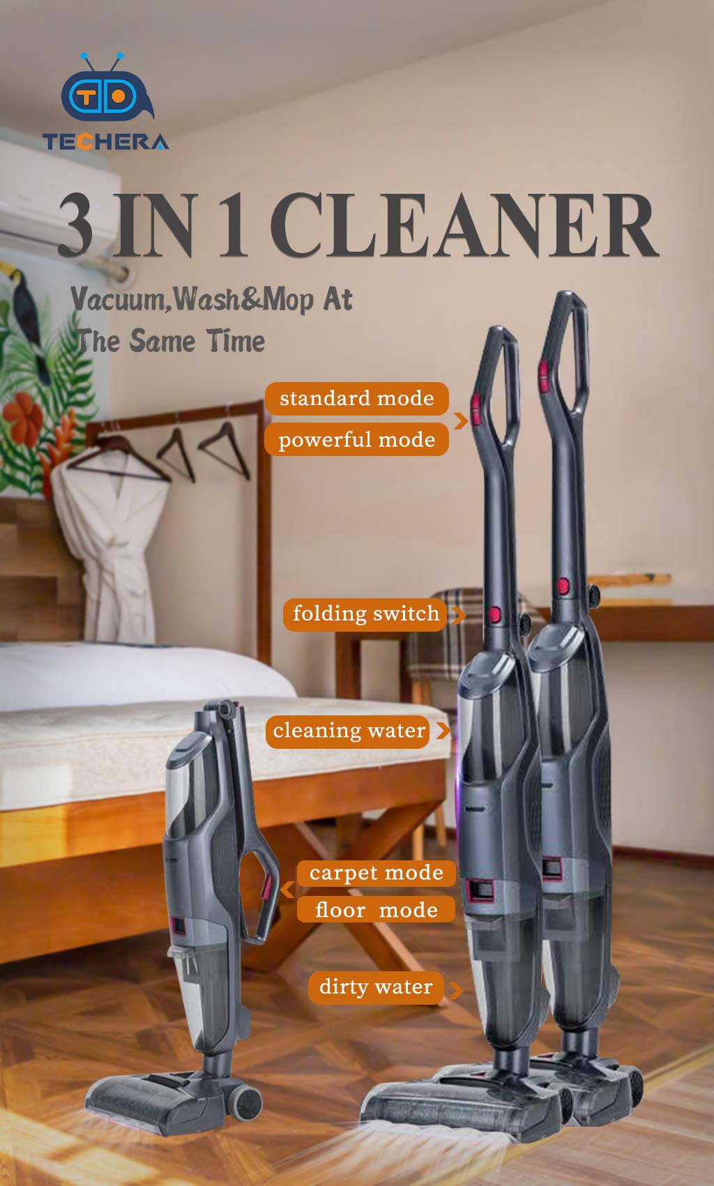 Techera Wet Dry Vacuum Cleaner - Cordless Hardwood Floor Mop with Clean/Dirty Water Tanks, Self-Cleaning & Water Spray - Perfect for Hardwood Floors, Tile, Laminate & Pet Hair Cleaning