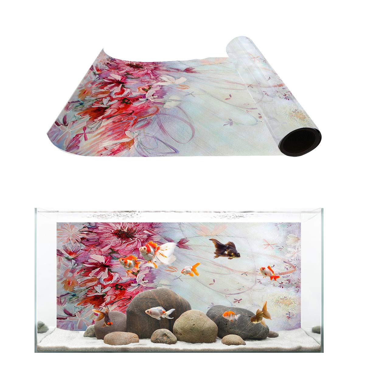 Romantic Pink Flowers Aquarium Background - PVC Adhesive Poster for Fish Tank Decoration