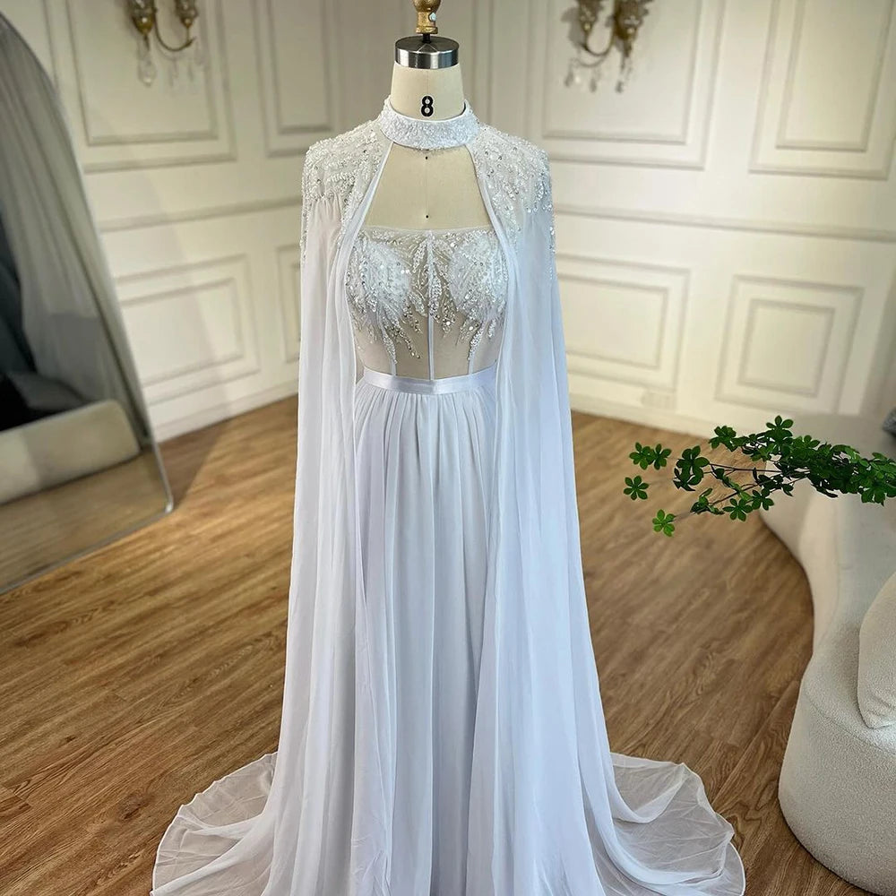 Elegant Arabic White Beaded Lace Mermaid Wedding Gown with Detachable Cape | Women's Evening Dress for Bridal Party, Prom, Gala & Special Occasions 2025 LA72415 | Perfect for Beach Weddings, Red Carpet Events & Formal Dinners