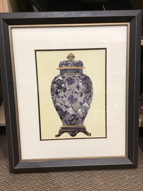 28.5 x 24.5 Inch Blue and White Ginger Jar Framed Wall Art - Vintage Asian Decor for Living Room, Bedroom & Office