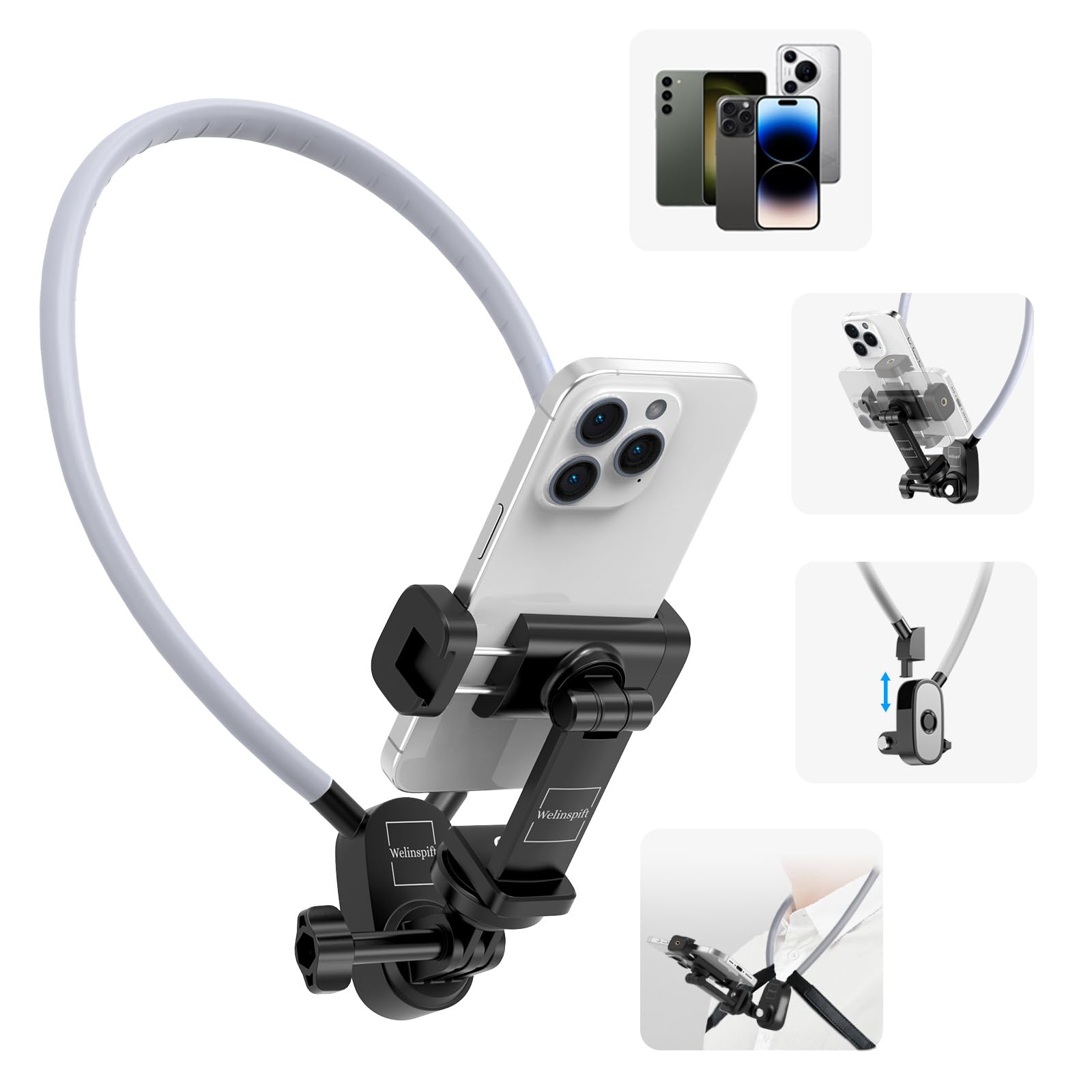 Hands Free Neck Phone Holder for iPhone, Samsung & Google Pixel - Adjustable Phone Mount for POV Vlogging, Video Recording & Live Streaming - Comfortable Neck Strap with Secure Clip (Non-Magnetic) - Perfect for Travel, Cooking, Workouts & Content Creation