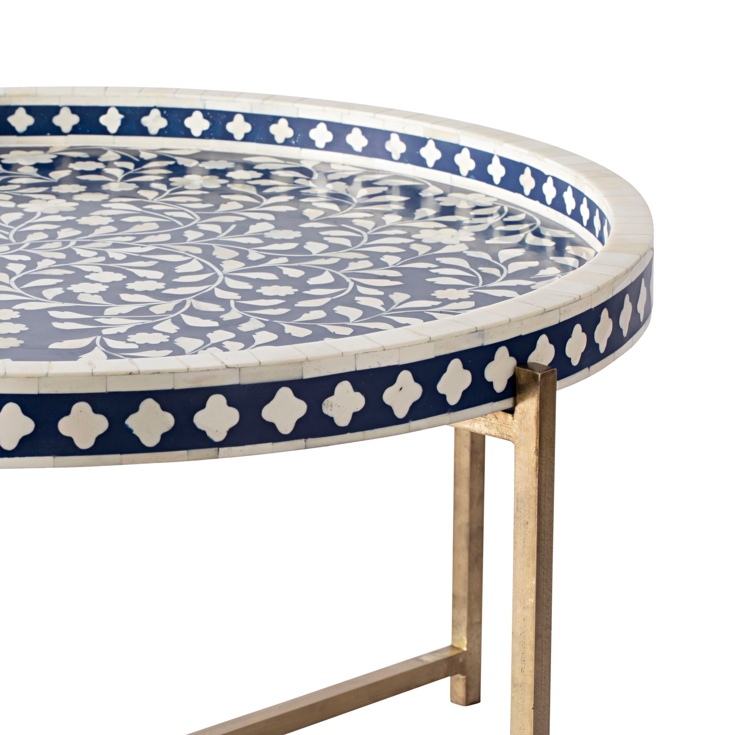 Exquisite Blue and Gold Bone Inlay Round Coffee Table - 41cm Handcrafted Home Decor for Living Room, Lounge & Office