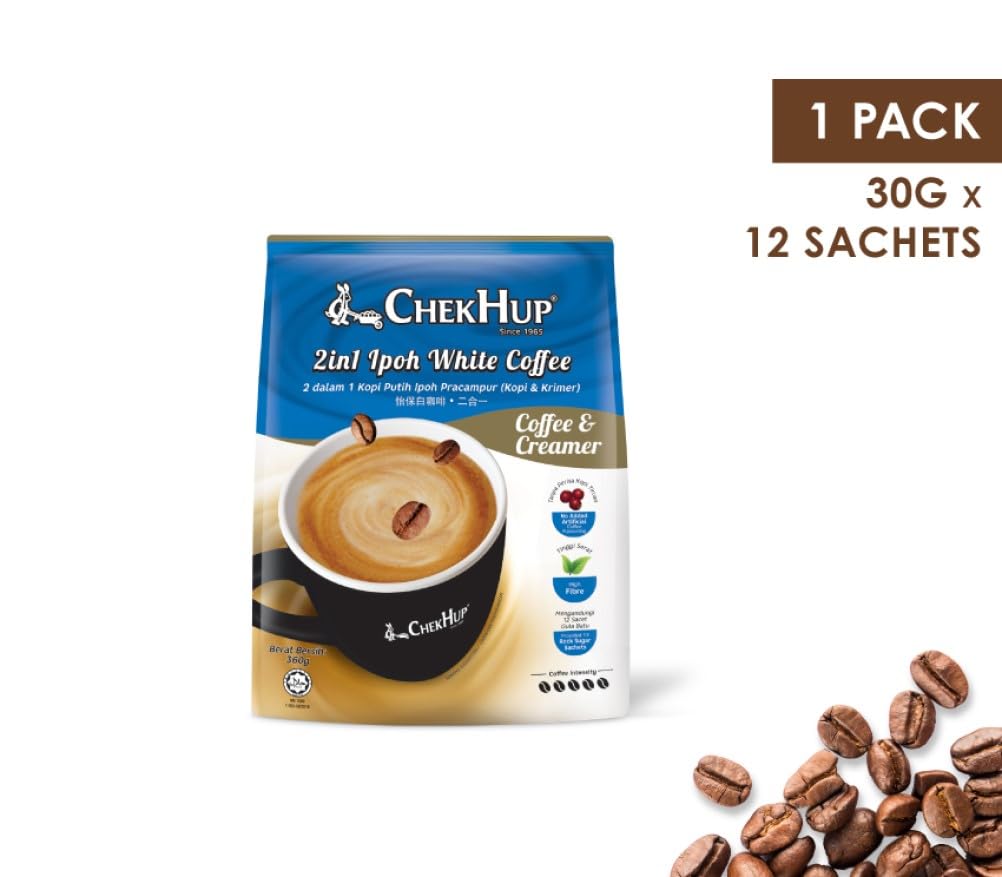 Chek Hup 2-in-1 Ipoh White Coffee with Creamer - 12 Sachets (30 Pack) - Premium Malaysian Instant Coffee for Home, Office & Travel
