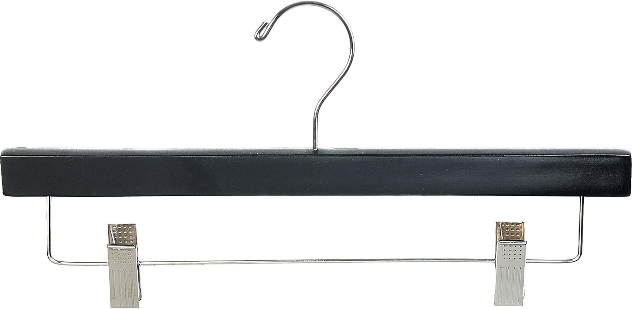100 Pack Black Finish Slim Wooden Bottom Hangers with Adjustable Clips - Solid Wood Pants & Skirt Hangers for Closet Organization & Retail Display