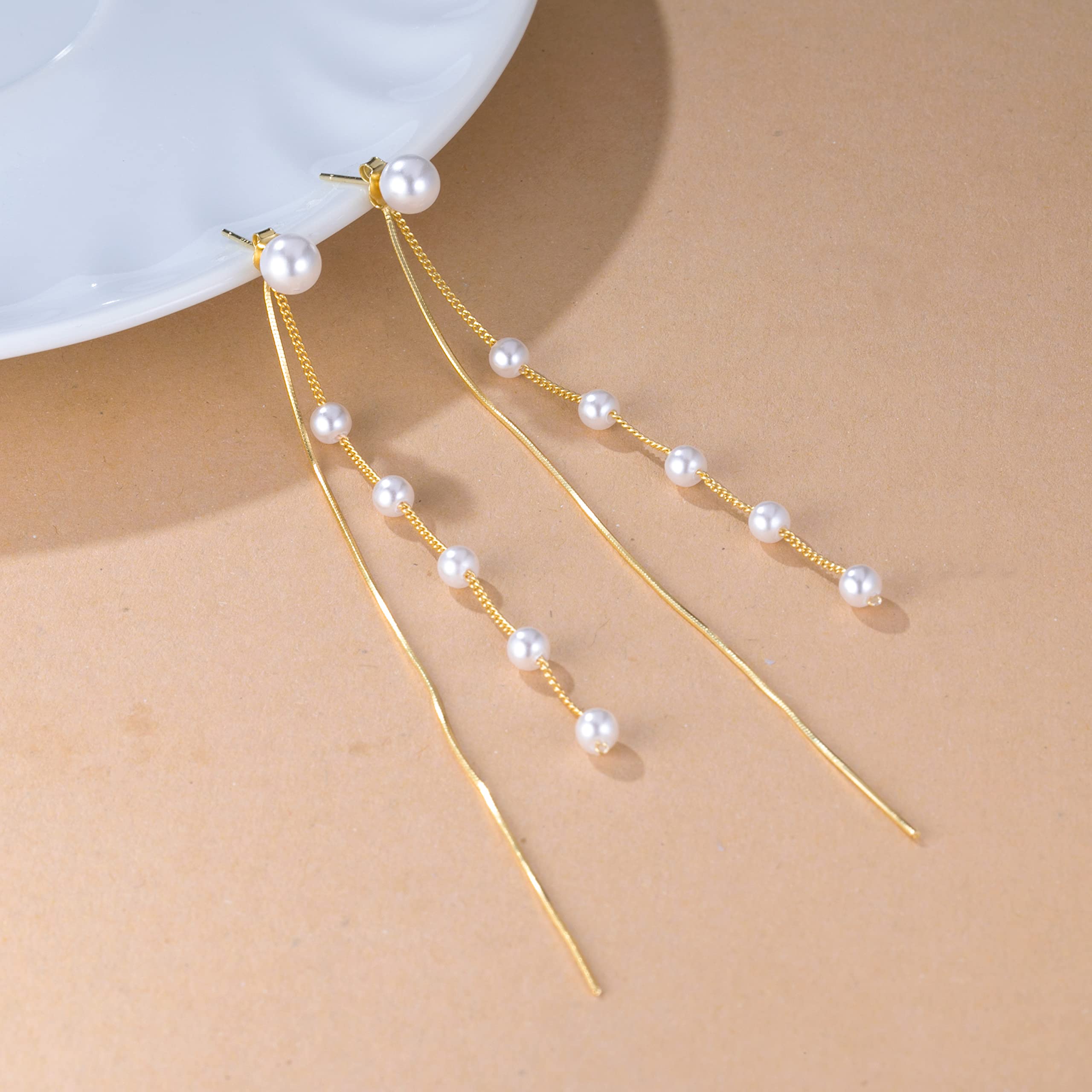 SLUYNZ 925 Sterling Silver Simulated Shell Pearl Dangle Earrings for Women - Elegant Long Chain Tassel Earrings for Wedding, Party & Formal Occasions