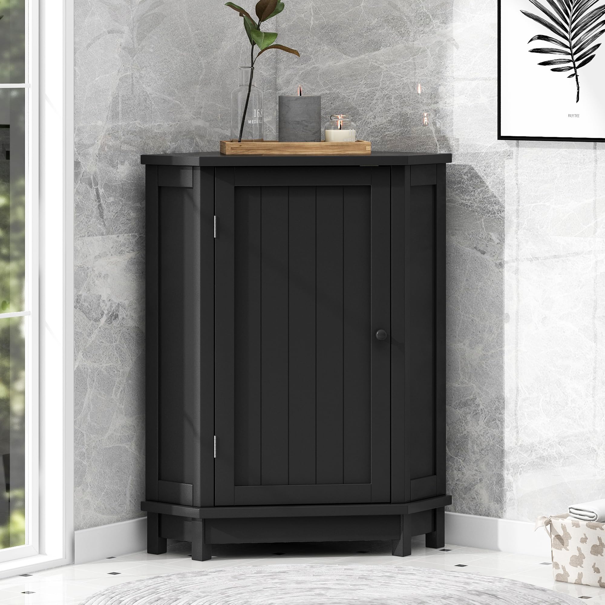 Black Wooden Freestanding Corner Storage Cabinet with Single Door and Shelves - Bathroom, Kitchen, Living Room Organizer for Small Spaces | Home & Office Storage Solution
