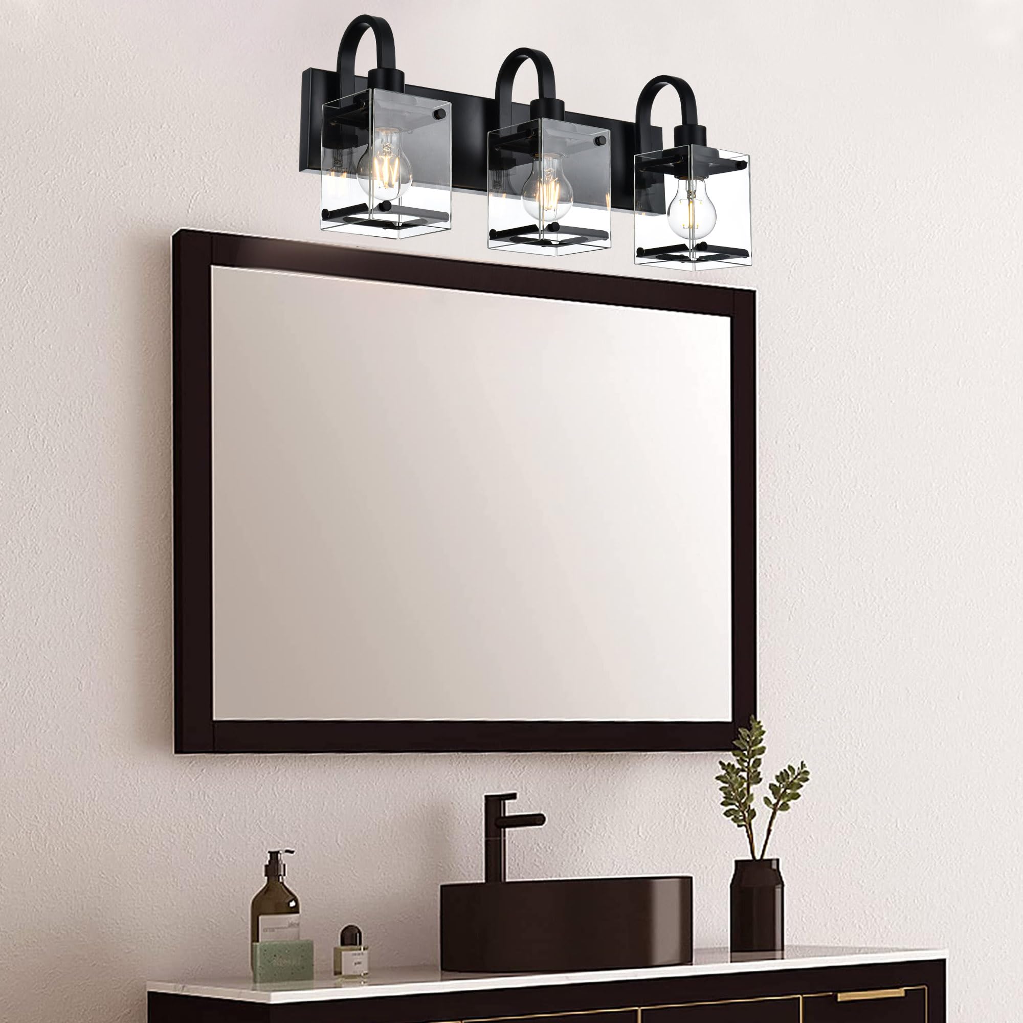 Modern Black Bathroom Light Fixtures - 3-Light Industrial Wall Sconces for Vanity Mirror, Farmhouse Style Bath Lighting for Above Mirror - Perfect for Bathroom, Powder Room & Dressing Room Makeup Lighting