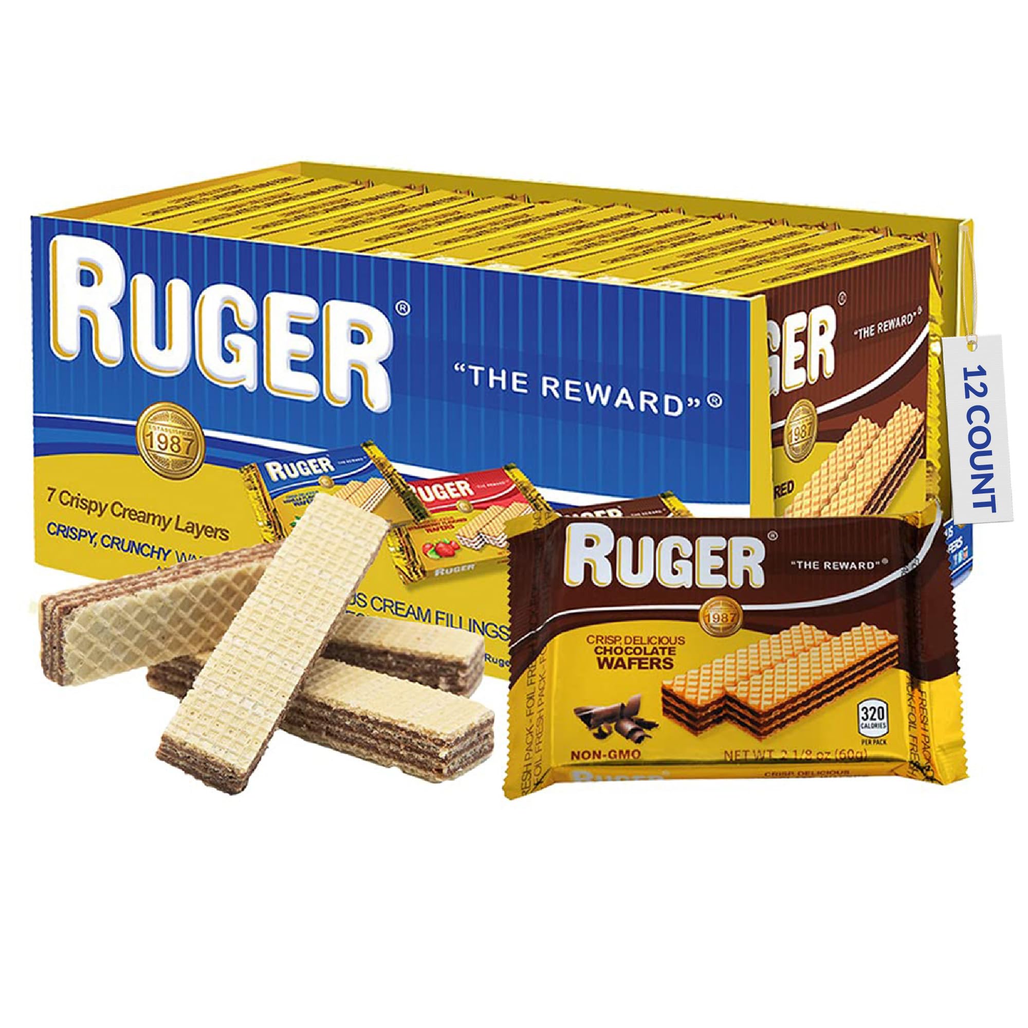 Ruger Austrian Chocolate Wafers - 12 Pack (2.125 oz Each) | Crispy Creamy Chocolate Snacks with Natural Ingredients | Long Shelf Life | Perfect for Office Snacks, Dessert Toppings & Gift Baskets