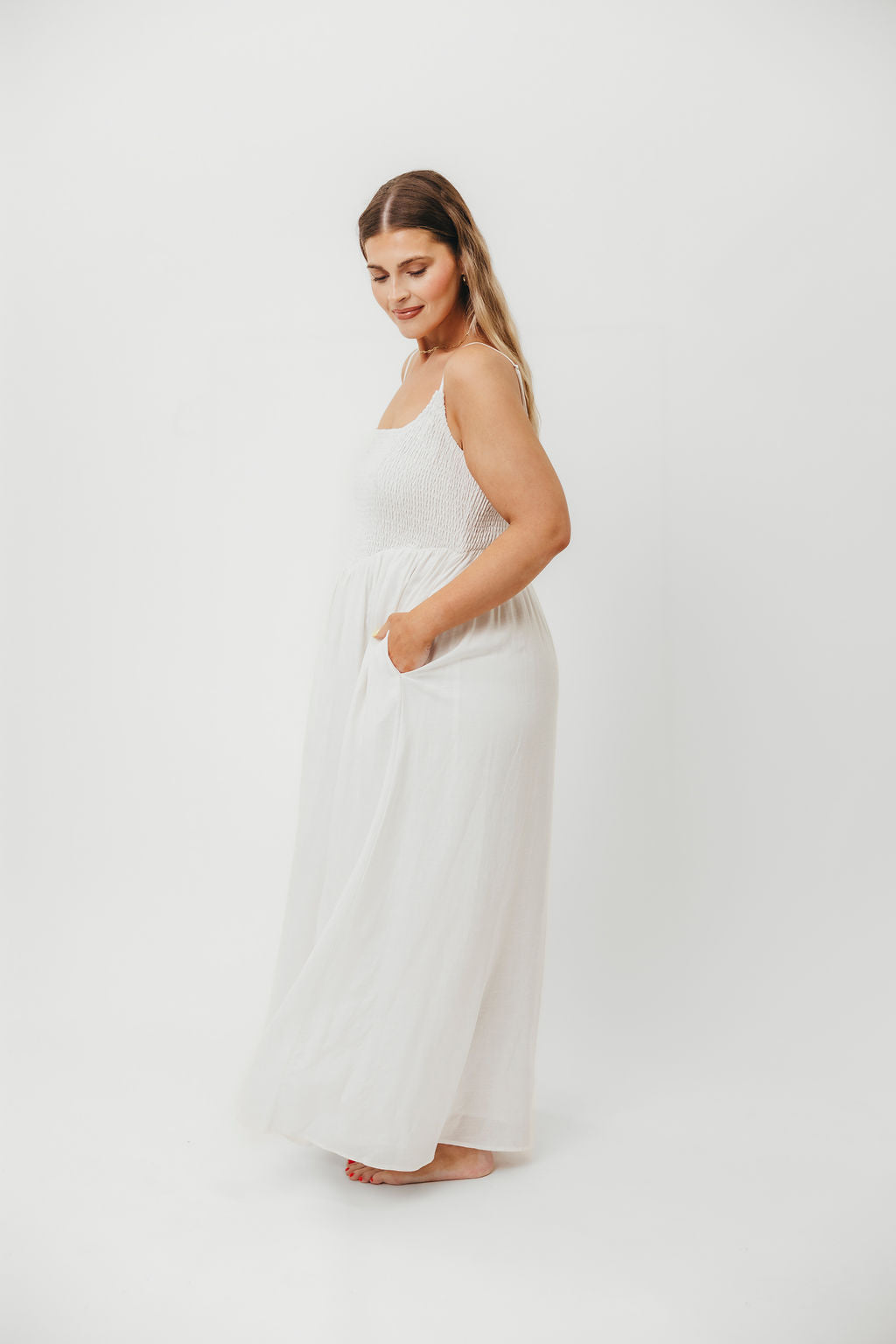 Josefina Off White Smocked Maxi Dress for Women - Elegant Summer Beach Wedding Party Dress