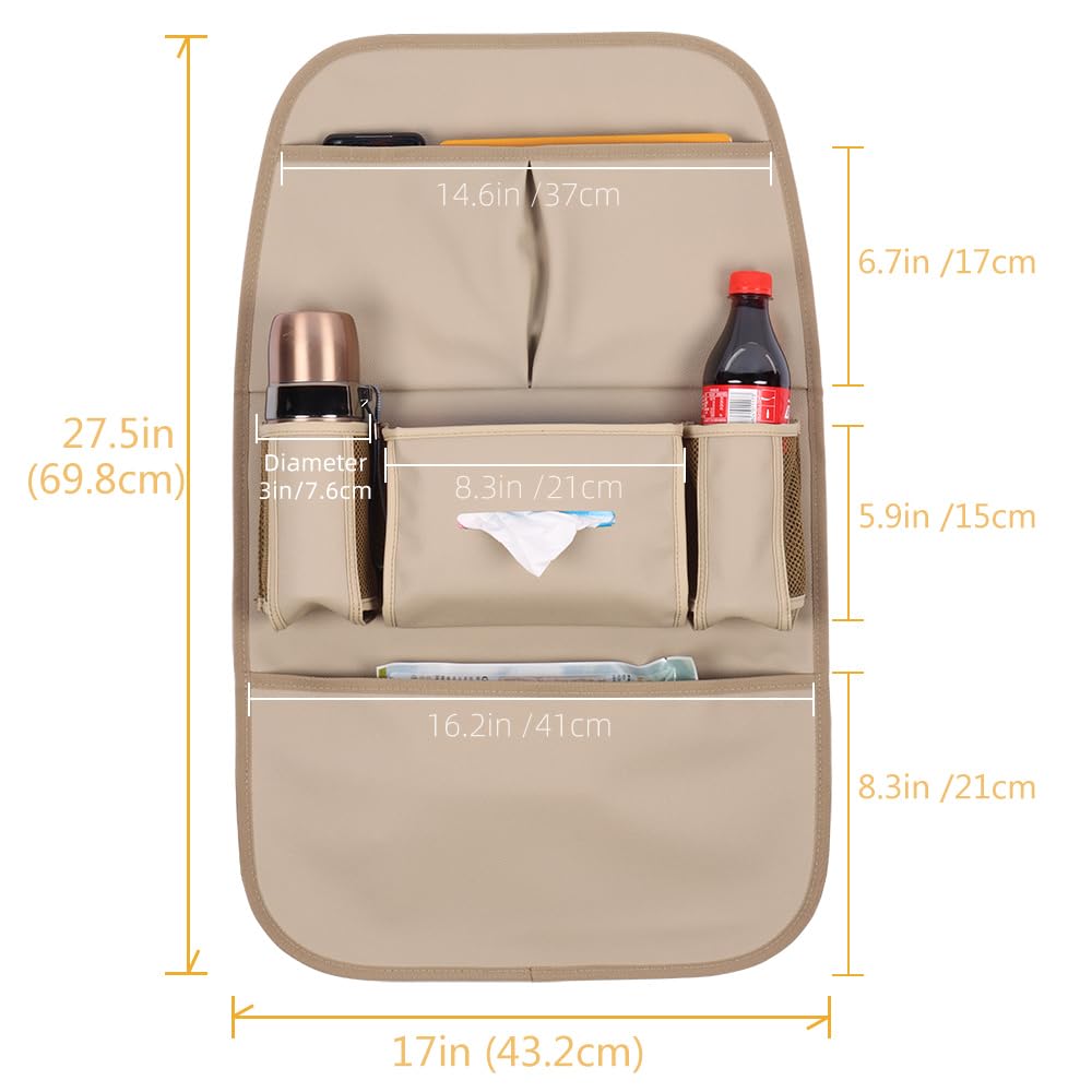 Car Backseat Organizer for Kids - 3 Pocket Storage Bag with 2 Drink Holders, Water Resistant Kick Mat & Toy Organizer - Back Seat Protector for Toddlers (Beige 1-Pack) | Perfect for Road Trips, Family Travel & Keeping Kids' Toys Organized
