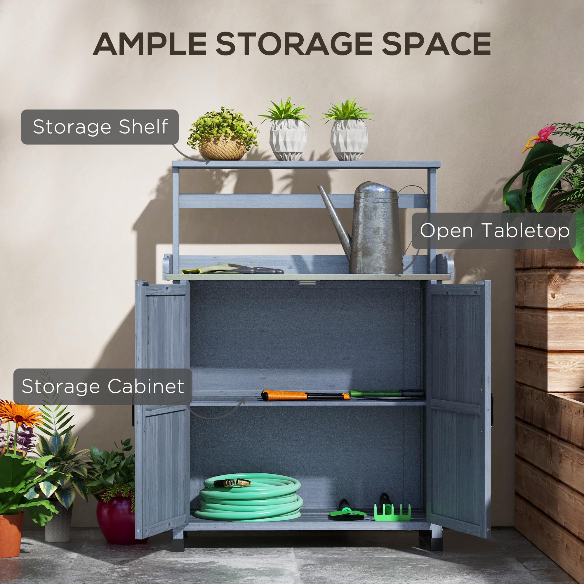 Outsunny Wooden Potting Bench with Storage Cabinet & 2 Shelves - Galvanized Tabletop Garden Workbench for Planting, Gardening - Perfect for Backyard, Balcony, Patio & Outdoor Use (Gray)
