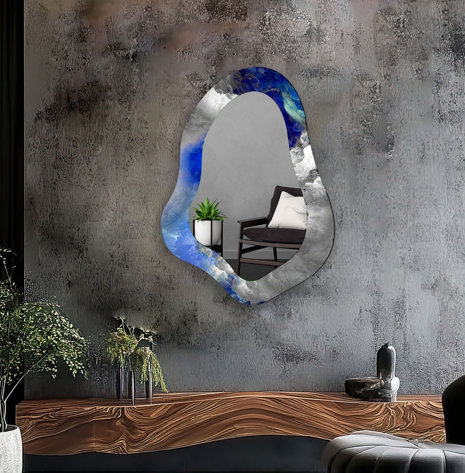 Modern Asymmetrical Blue Abstract Glass Wall Mirror - Handmade Art Decor for Living Room, Bedroom & Entryway