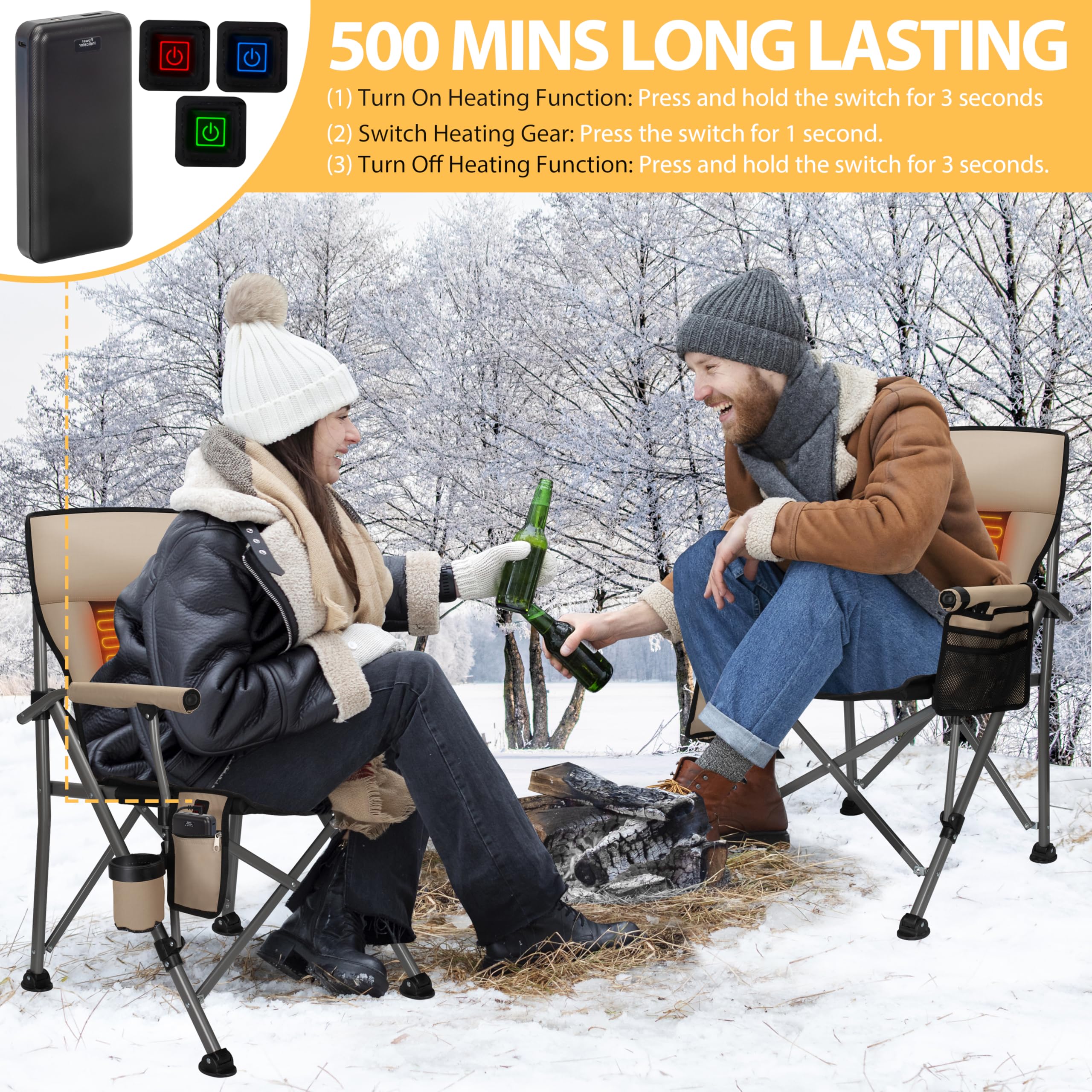 QUYUAN Heated Camping Chair with 20,000mAh Battery - Padded Outdoor Folding Chair, 500-Minute Heating & 500lb Capacity - Perfect for Camping, Hiking, Beach, Picnics & Winter Sports