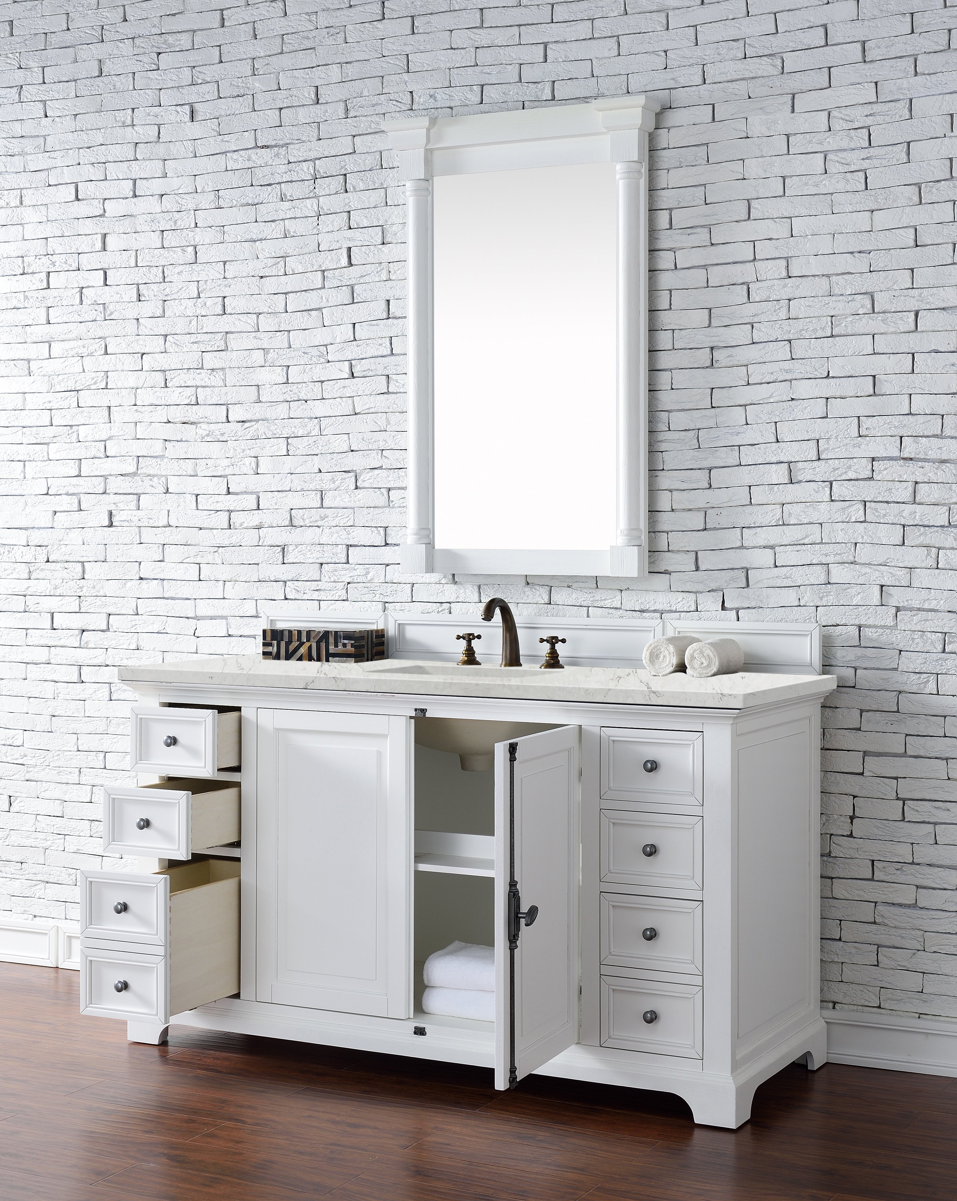 Providence 60 Inch Single Bathroom Vanity Cabinet with 3CM Eternal Jasmine Pearl Quartz Countertop - Bright White Finish for Modern Bathroom Remodel | Perfect for Master Bath, Guest Bath & Powder Room