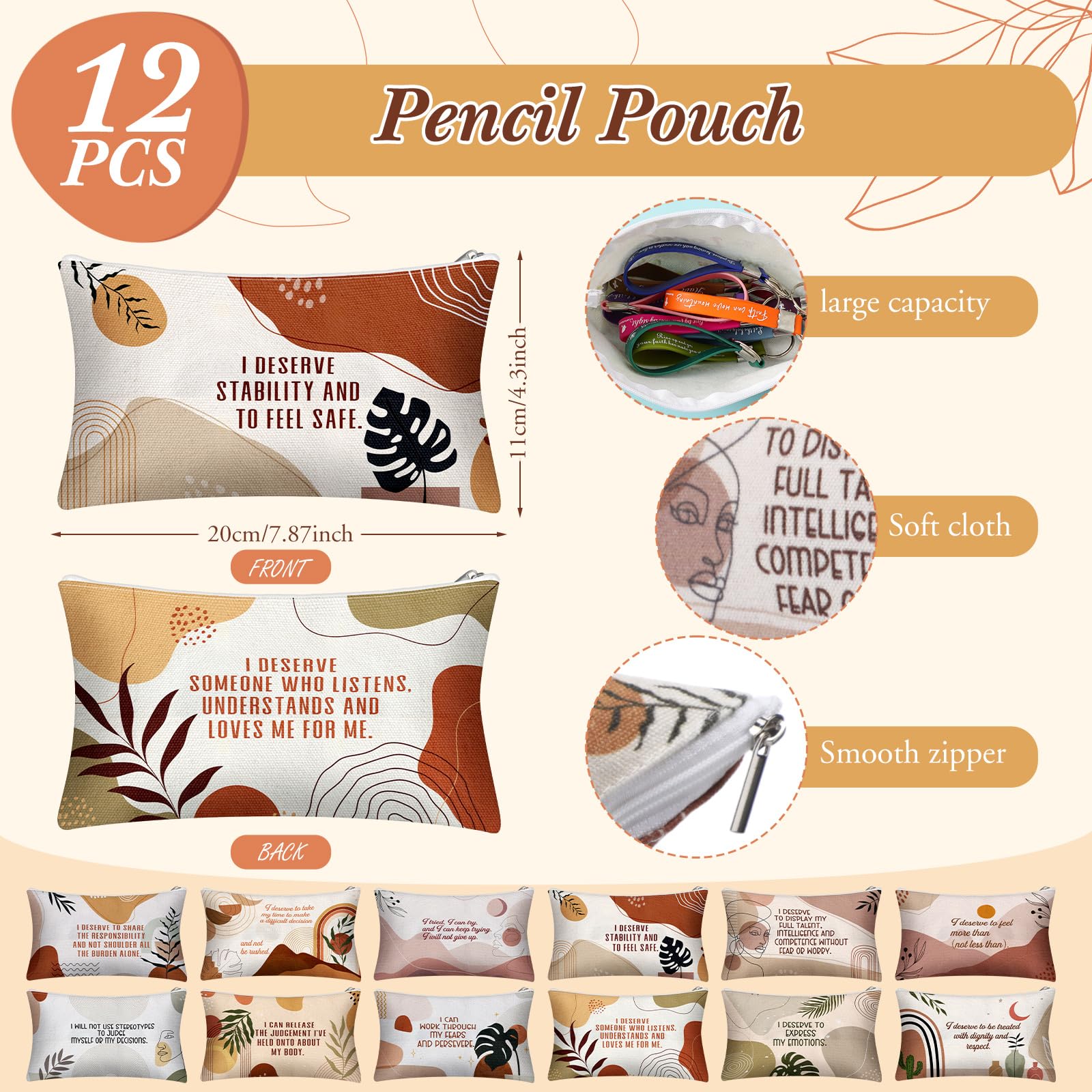 12 Pack Inspirational Quote Makeup Bags with Keychains - Canvas Cosmetic Pouch Set, Positive Affirmation Christian Gifts for Women, Friends & Employees | Perfect for Travel, Storage & Thoughtful Gifting
