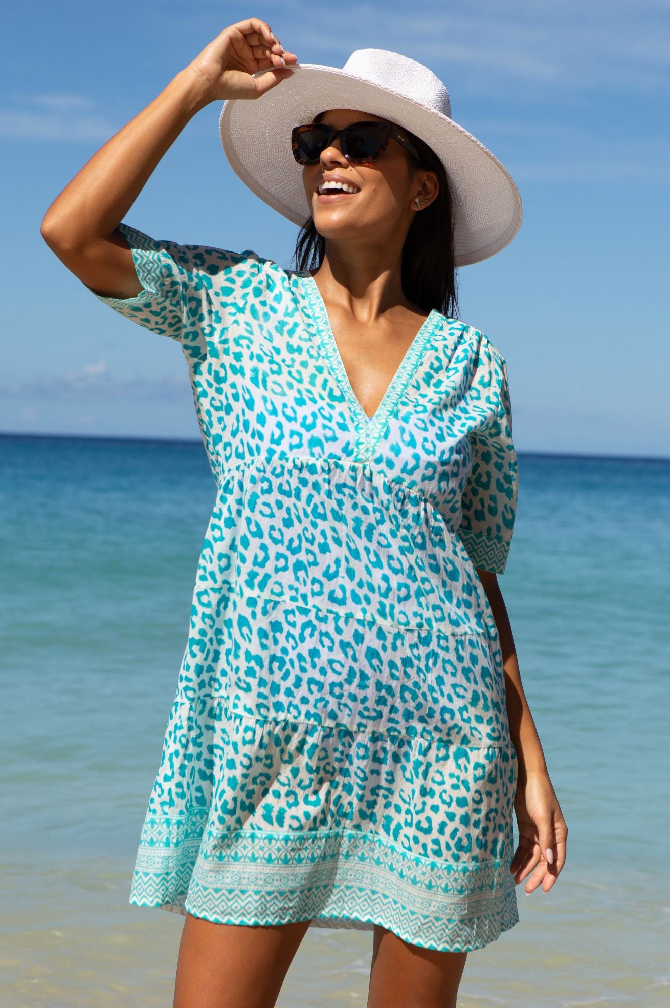 Santorini Kaftan - Soft Cheetah Print White & Turquoise Beach Cover Up for Women | Perfect for Summer Vacations, Pool Parties and Resort Wear