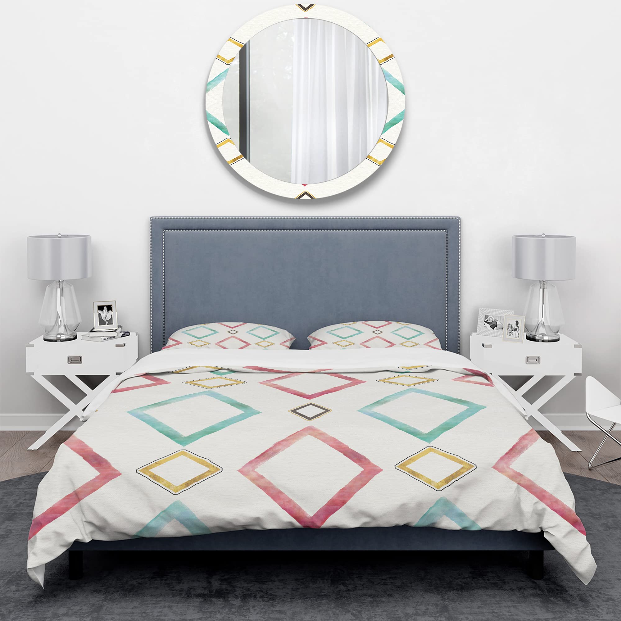 DesignQ Gilded Red & Blue Diamonds Mid-Century Modern Duvet Cover Set - Twin Size Blue Abstract Bedding (3-Piece) | All-Season Luxury Bedroom Decor for Guest Rooms & Master Suites