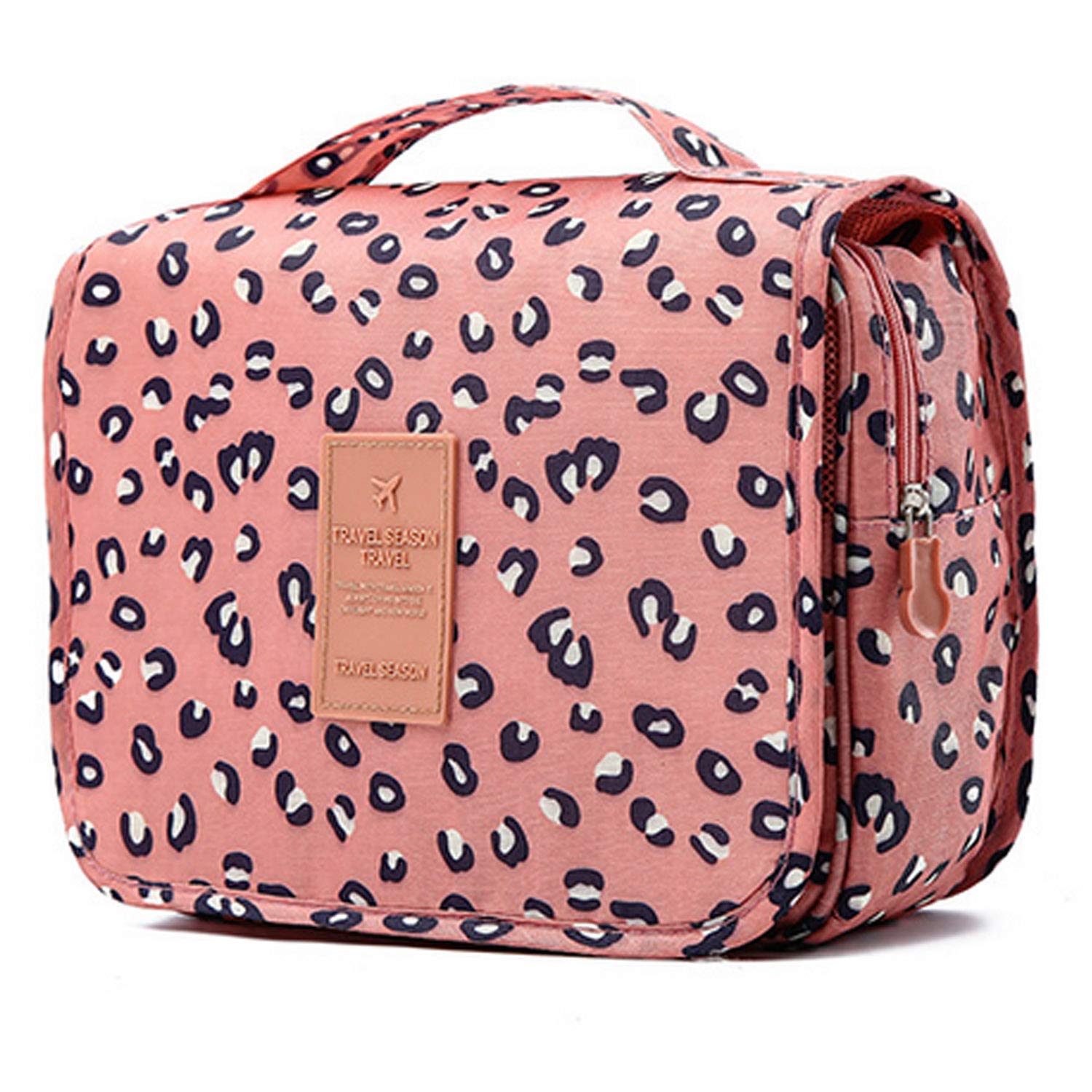 TCHEER Waterproof Hanging Travel Toiletry Bag - Foldable Cosmetic Organizer with Hook for Women | Portable Makeup Pouch for Bathroom, Gym & Vacation (Leopard Print)