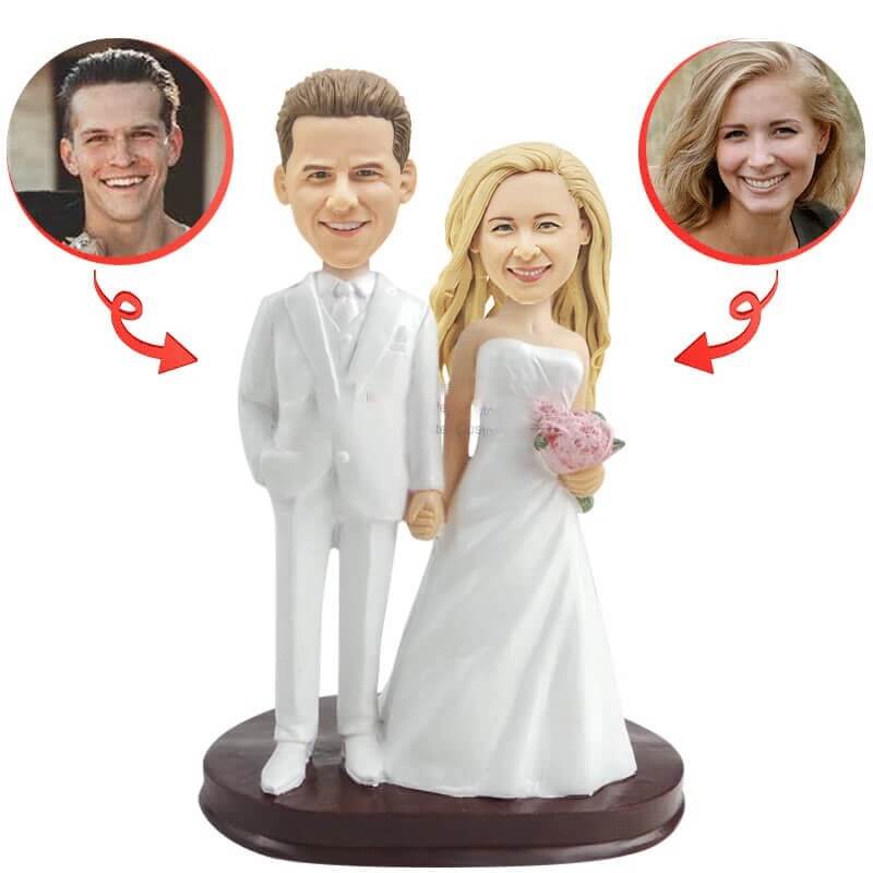 Custom Wedding Bobblehead with Creamy White Suit - Personalized Couple Figurine for Wedding Cake Topper, Anniversary Gift & Home Decor
