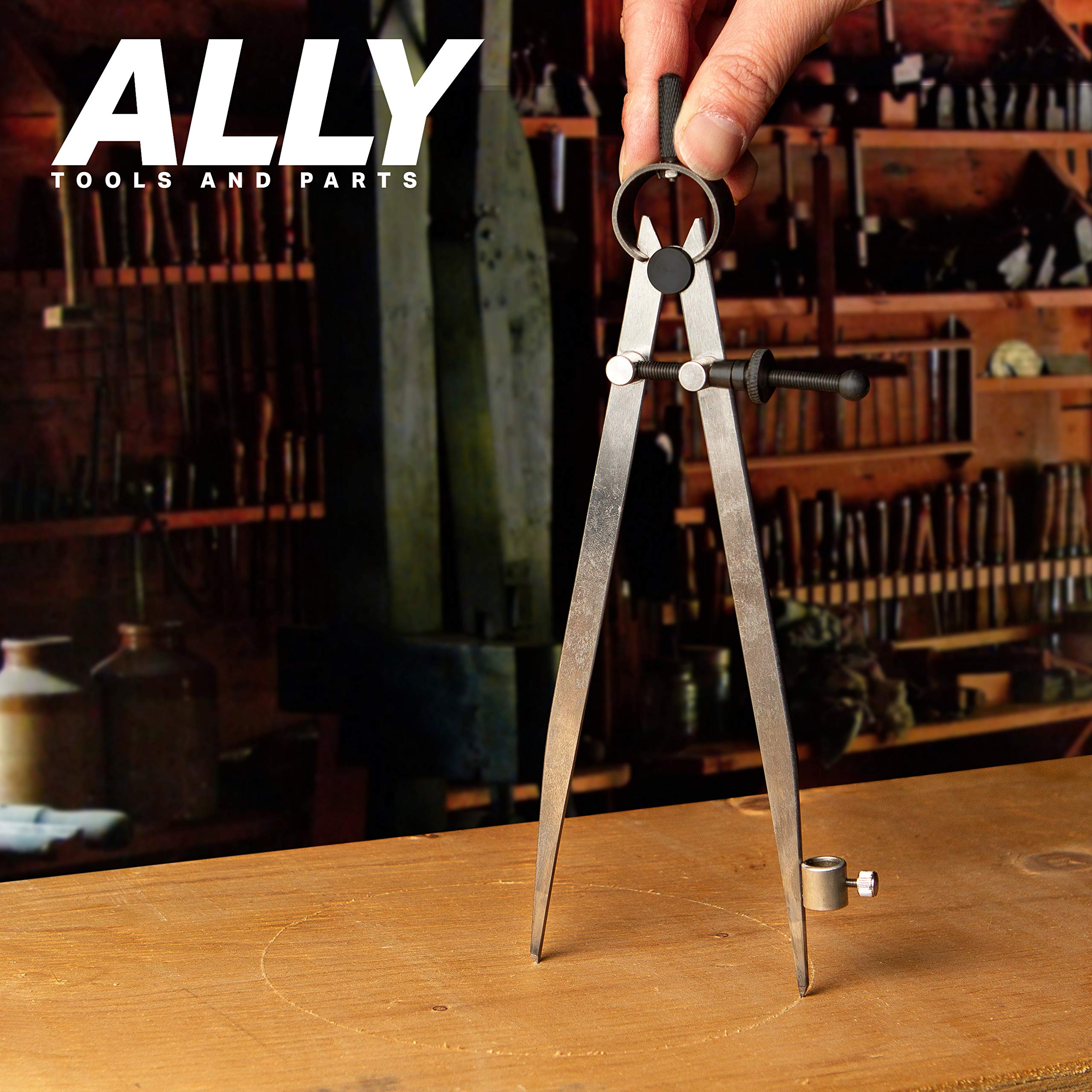ALLY Tools 8 Inch Precision Locking Spring Divider - Woodworking Compass with Pencil Holder, Includes 2 Pencils & Sharpener - Perfect for Drawing, Drafting, Carpentry, Woodworking & DIY Projects
