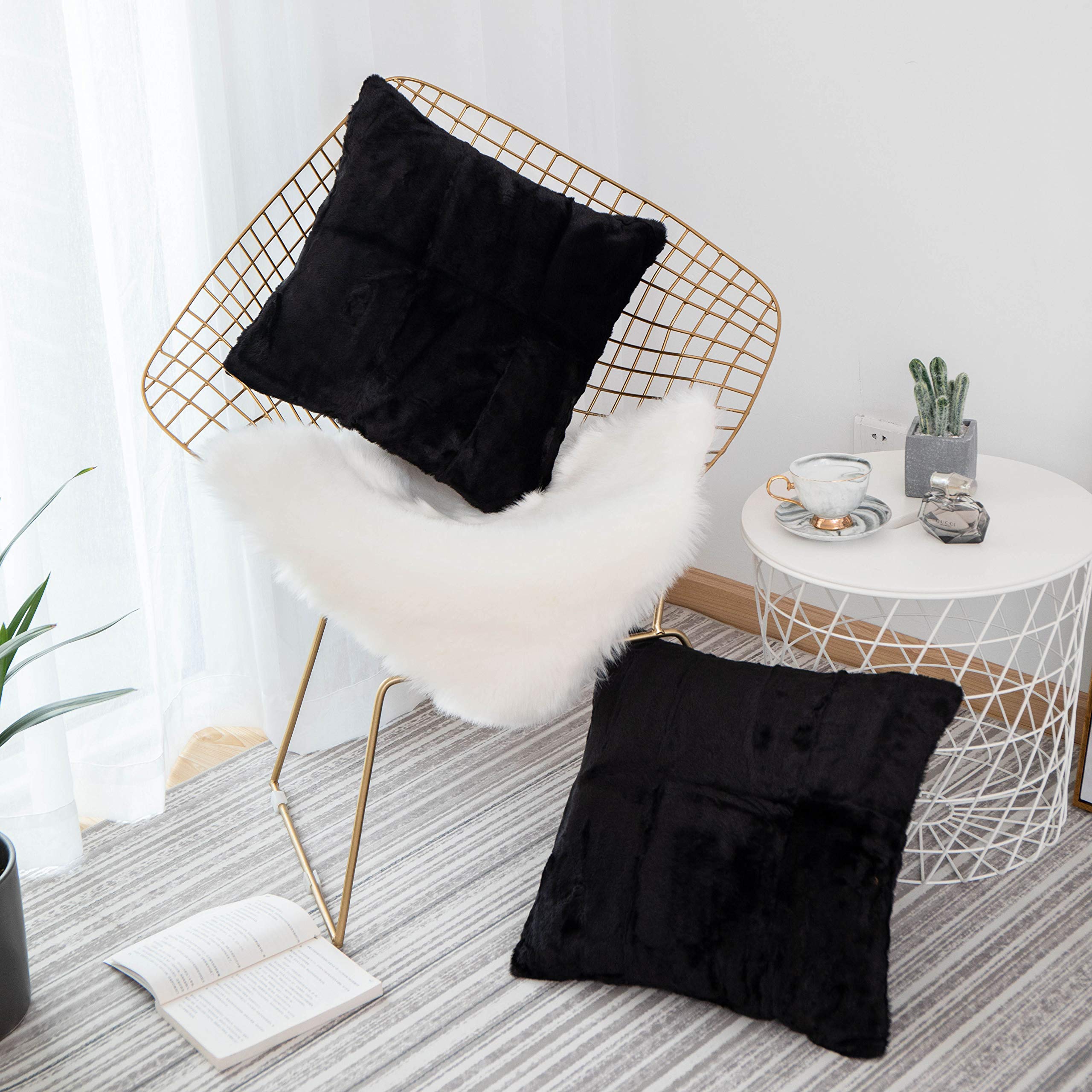 Luxury Black Faux Fur Throw Pillows Set of 2 - 26x26 Inch Soft Sherpa & Suede Couch Pillow Covers for Sofa, Bed, Floor - Cozy Home Decor for Living Room, Bedroom & Dorm