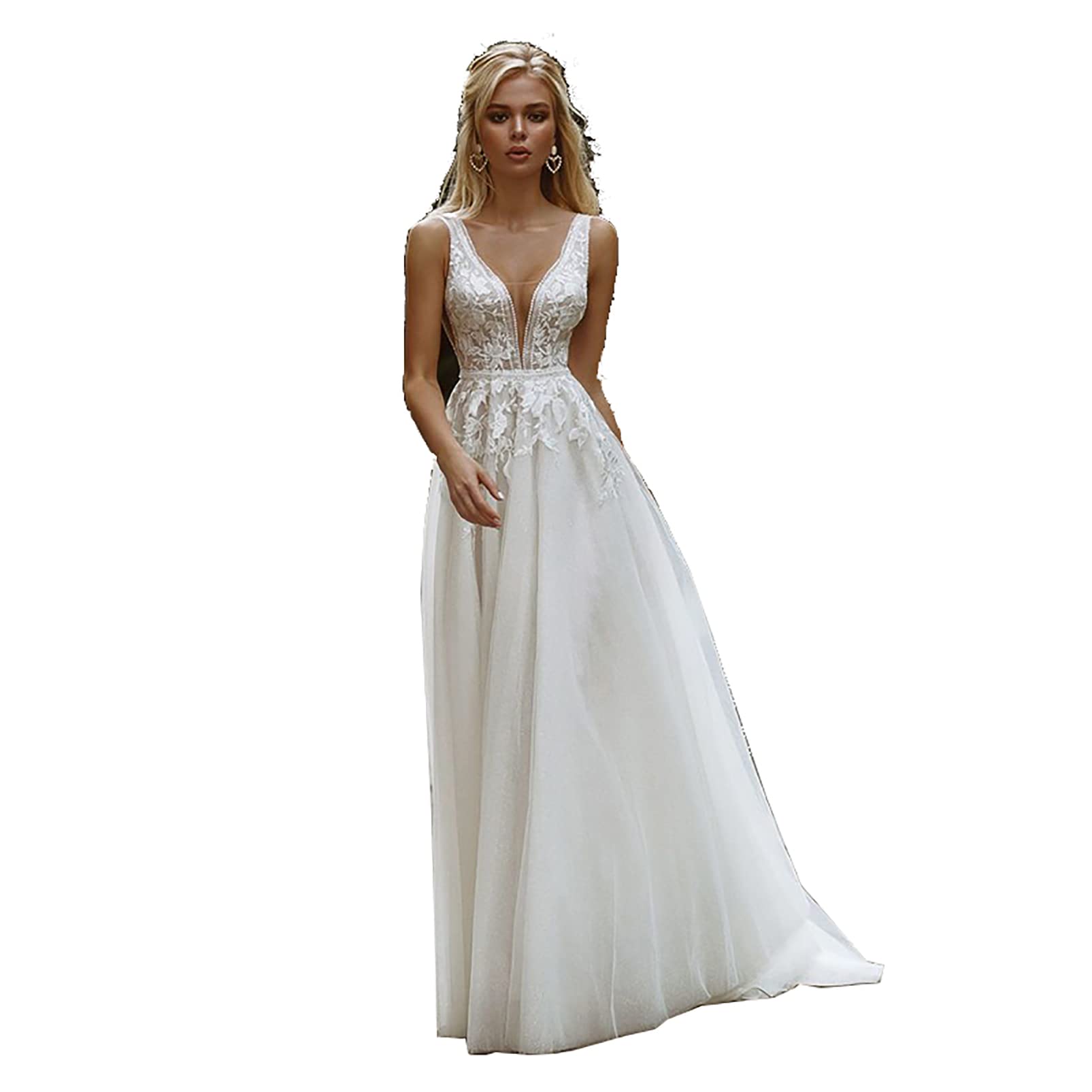 Elegant V-Neck Lace A-Line Tulle Wedding Dress for Women - Beach Bridal Gown with Appliques, Simple & Romantic for Bridesmaids | Perfect for Beach Weddings, Outdoor Ceremonies & Vow Renewals