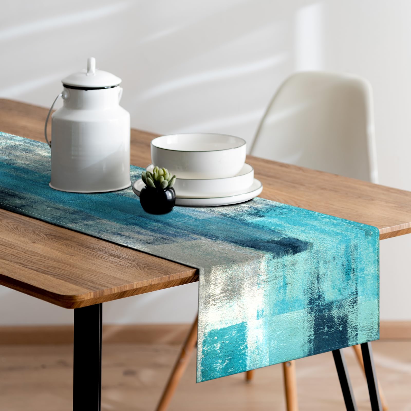 GALMAXS7 Modern Farmhouse Table Runner - 13x70 Inch Burlap Tablecloth with Turquoise & Grey Abstract Art - Elegant Kitchen Decor for Dining Room, Holiday Parties & Home Decoration - Perfect for Farmhouse, Rustic & Boho Style Settings