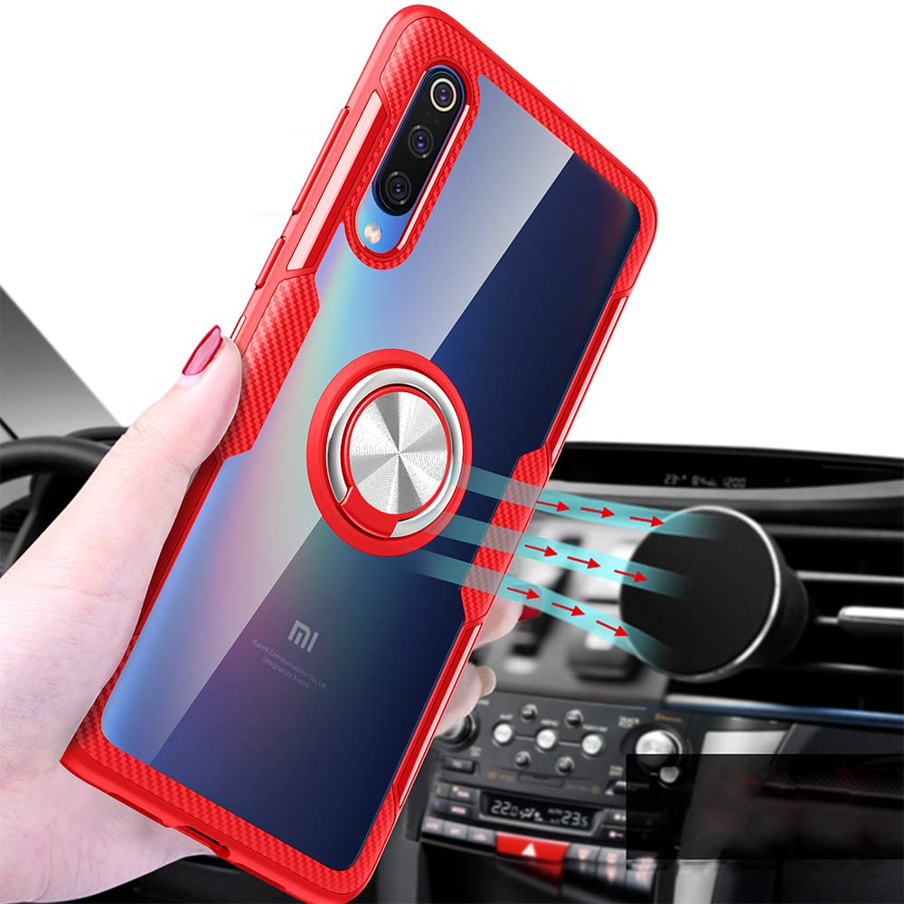 Xiaomi 9 Phone Case with Tempered Glass Screen Protector - Slim Hard Clear Cover & Magnetic Stand Ring Holder - Durable Protective Case for Xiaomi Mi 9 (Red) - Perfect for Work, Travel and Everyday Use