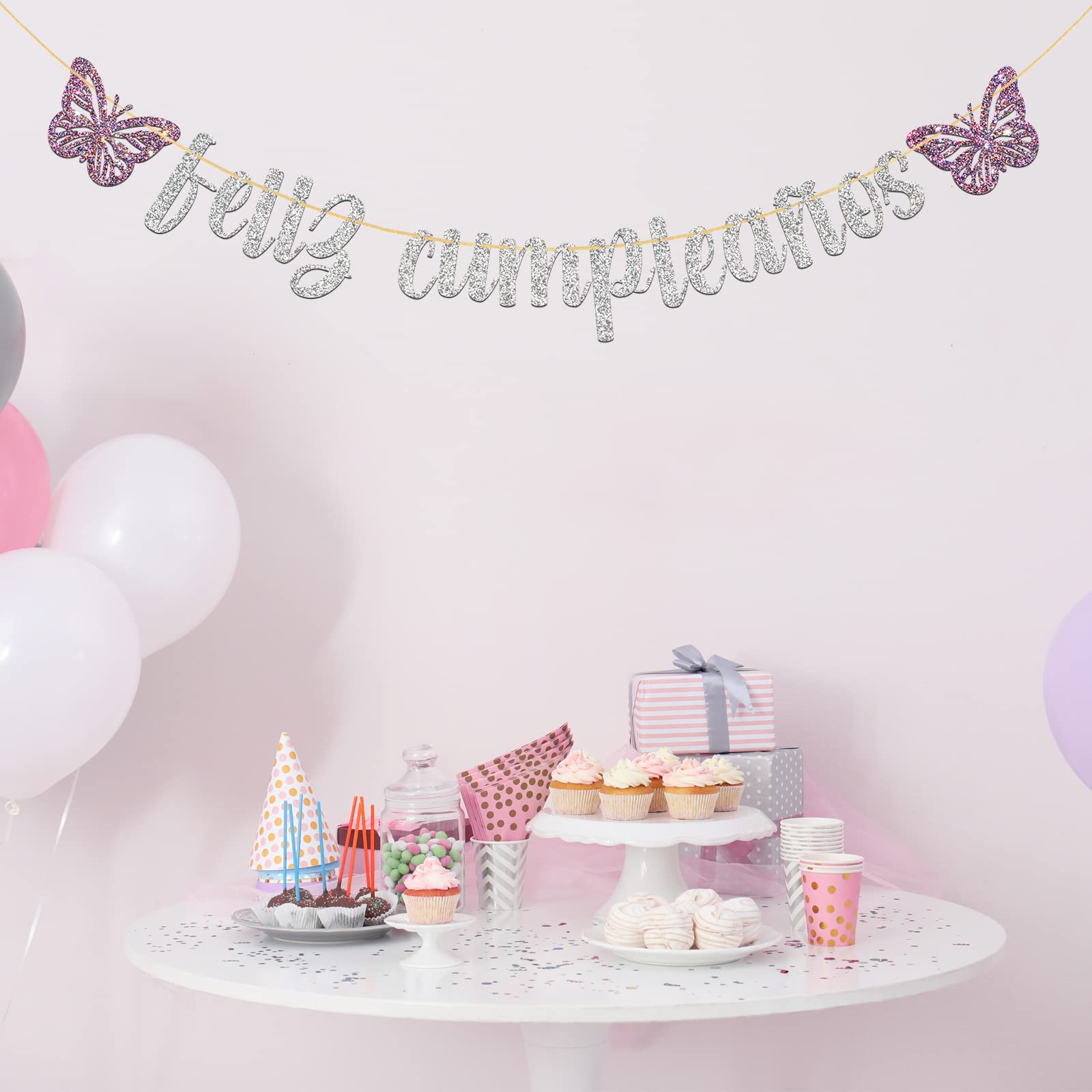 Happy Birthday Banner - Silver Glitter Butterfly Party Decorations for Spanish Themed Celebrations | Perfect for Birthday Parties, Baby Showers & Special Events