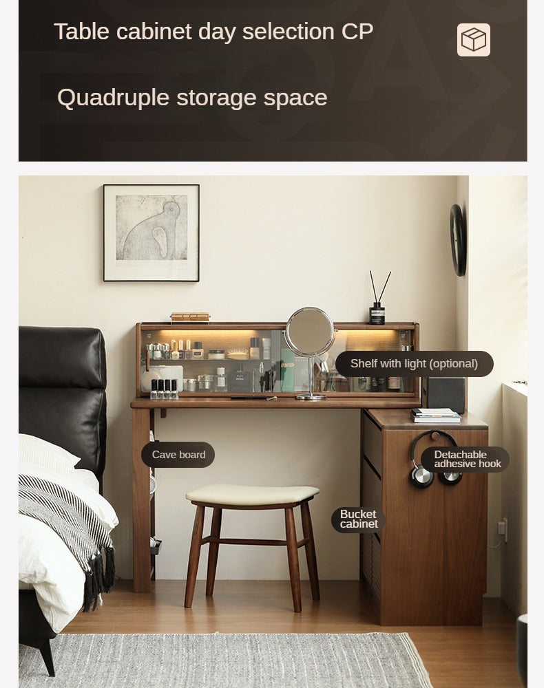 Premium Black Walnut Solid Wood Extendable Vanity Dressing Table with Mirror | Modern Luxury Makeup Desk for Bedroom, Boudoir & Home Decor