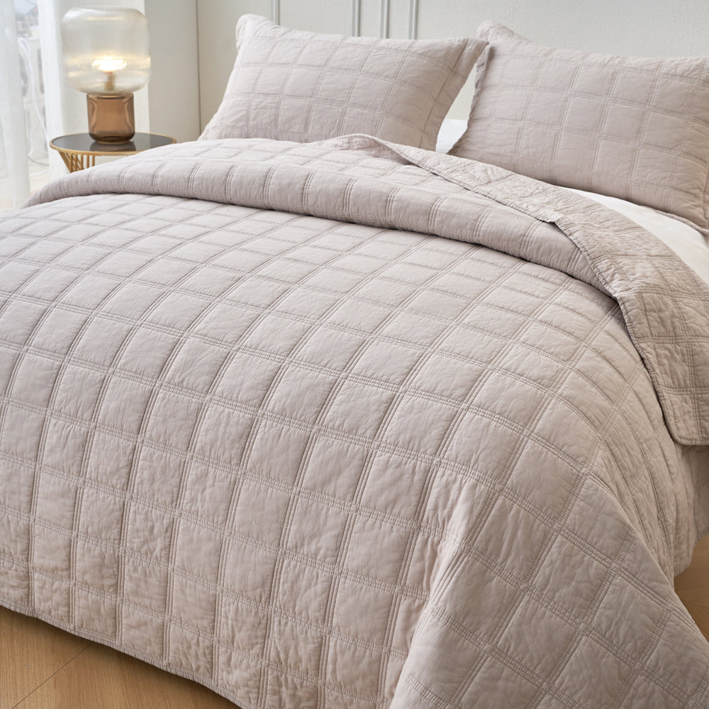 Embroidered Square Light Sand Coverlet Queen Size - Soft & Breathable Bedspread for All Seasons | Perfect for Bedroom Decor, Guest Room, and Hotel Use