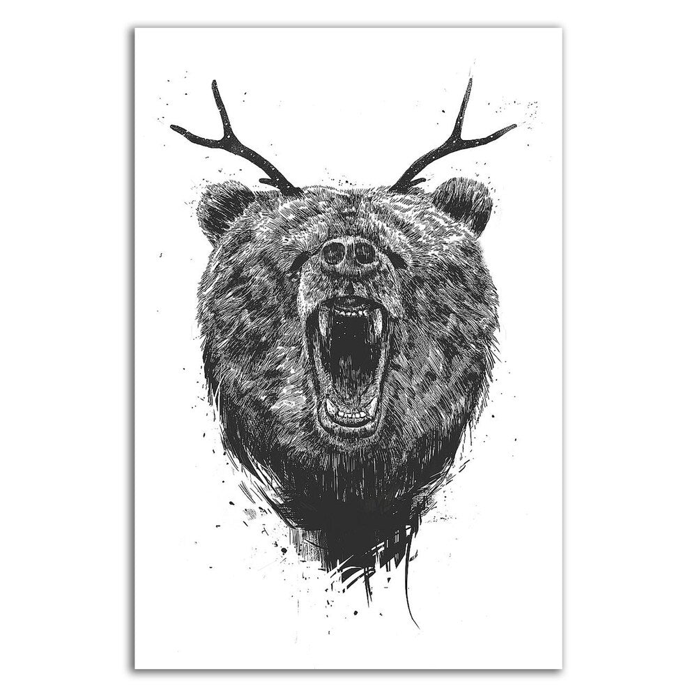 Angry Bear With Antlers Canvas Print by Balazs Solti - Ready to Hang Wall Art for Living Room, Bedroom & Office Decor