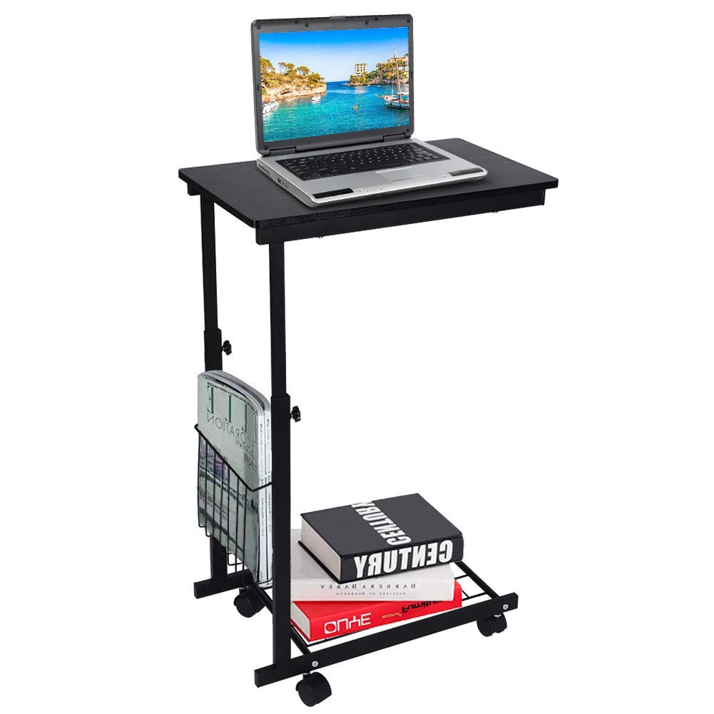 Adjustable Height Rolling Side Table with Wheels - Mobile Laptop Desk, C-Shaped End Table with Storage Basket for Sofa, Bedroom, Office & Hospital (Black) | Perfect for Work, Snacks, Coffee & Home Organization
