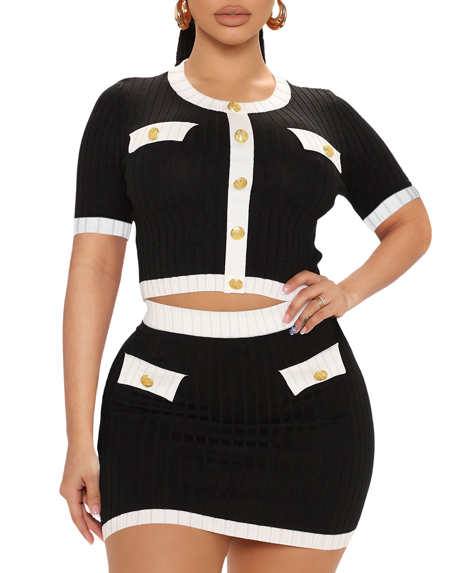Sexy & Cute Knit Two-Piece Outfits for Women | Summer Short Sleeve Crop Top & Mini Skirt Set | Clubwear, Date Night, Beach Party Outfit