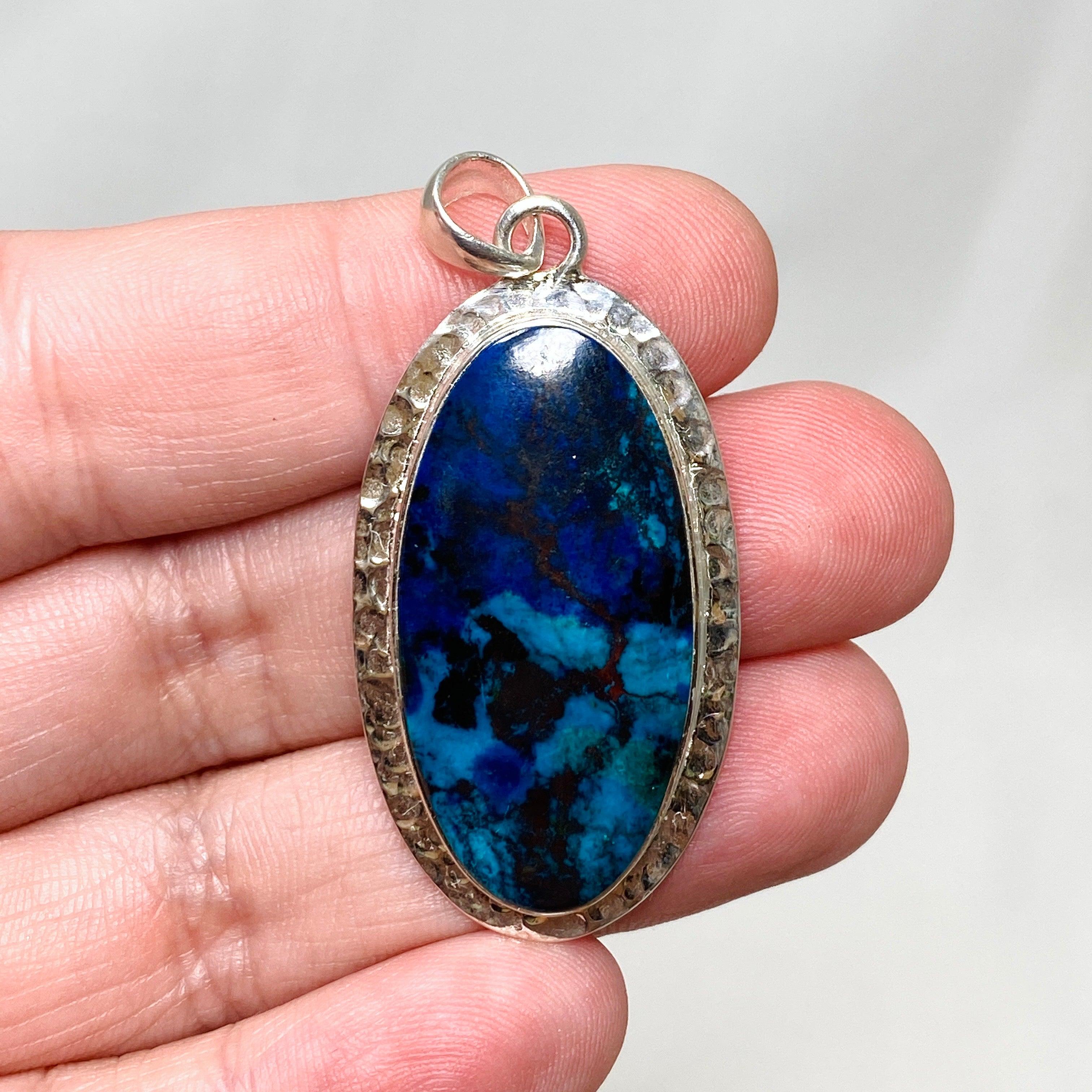 Natural Shattuckite with Cuprite Oval Pendant Necklace - Handcrafted Hammered Silver Jewelry KPGJ4417 | Healing Crystal Gift for Meditation & Spiritual Energy