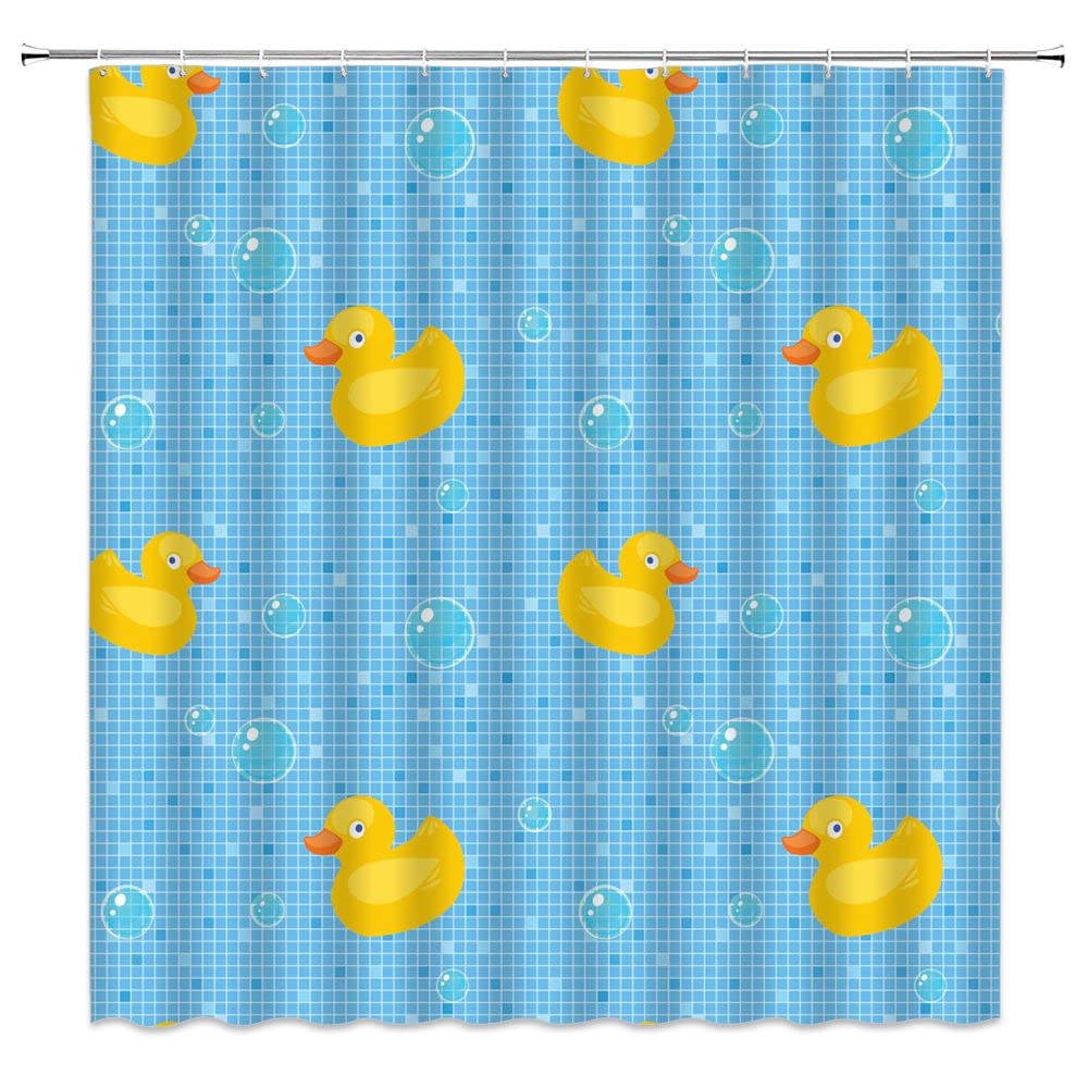 Cute Cartoon Rubber Ducks Shower Curtain with Squeaky Duckies & Bubble Design - Retro Classic Mosaic Tiles Background Fabric Bathroom Decor Set with Hooks | Fun Bath Time for Kids, Playful Bathroom Decor, Waterproof Shower Liner for Nursery & Family Bathrooms