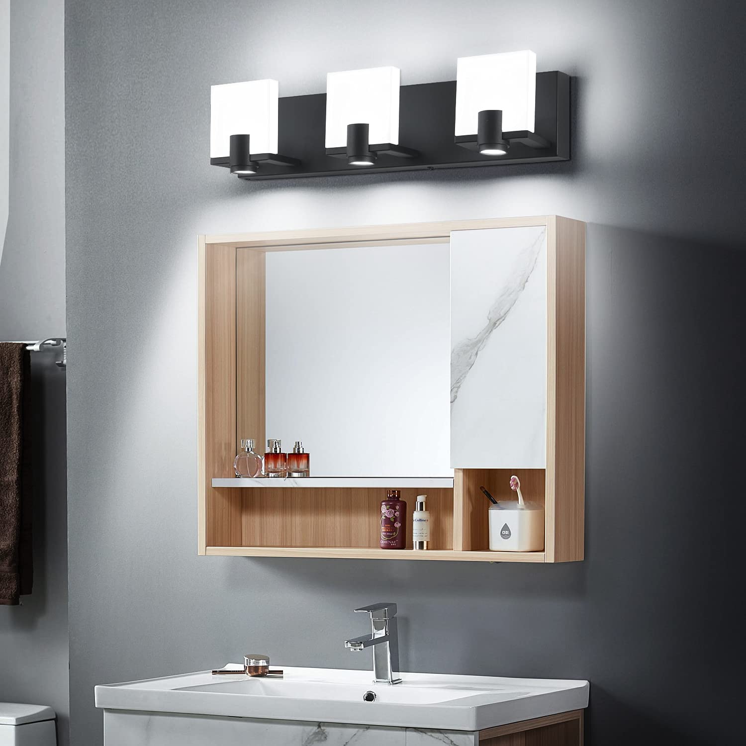 SOLFART Modern Black LED Dimmable Vanity Lights - 3 Spotlights Bathroom Mirror Lighting Fixture for Bathroom, Bedroom, and Makeup Area