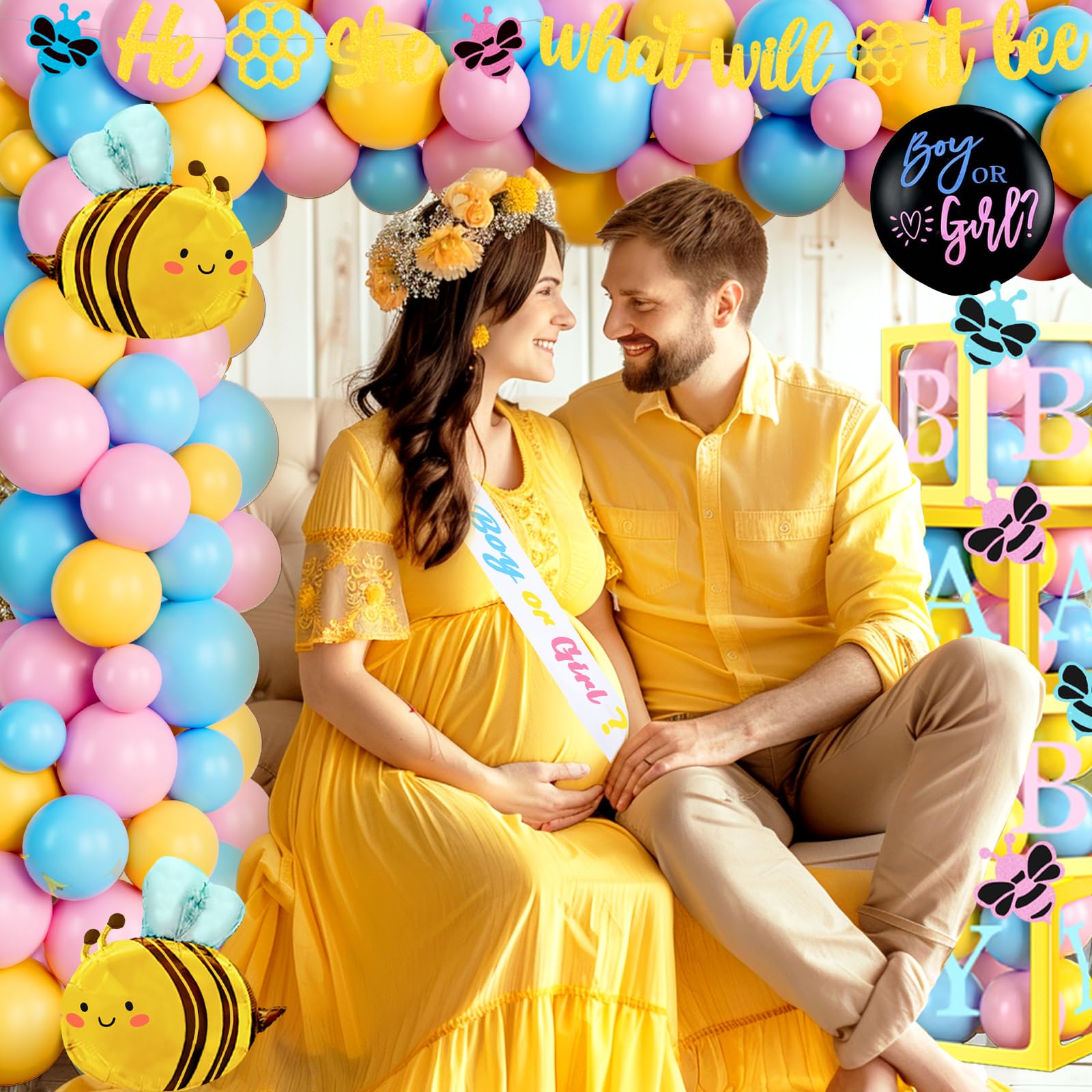 Bee Gender Reveal Party Decorations Set - Bumble Bee Baby Shower Backdrop, Balloons, Banner, Tablecloth & Cake Toppers for 'What Will It Bee' Theme Celebrations