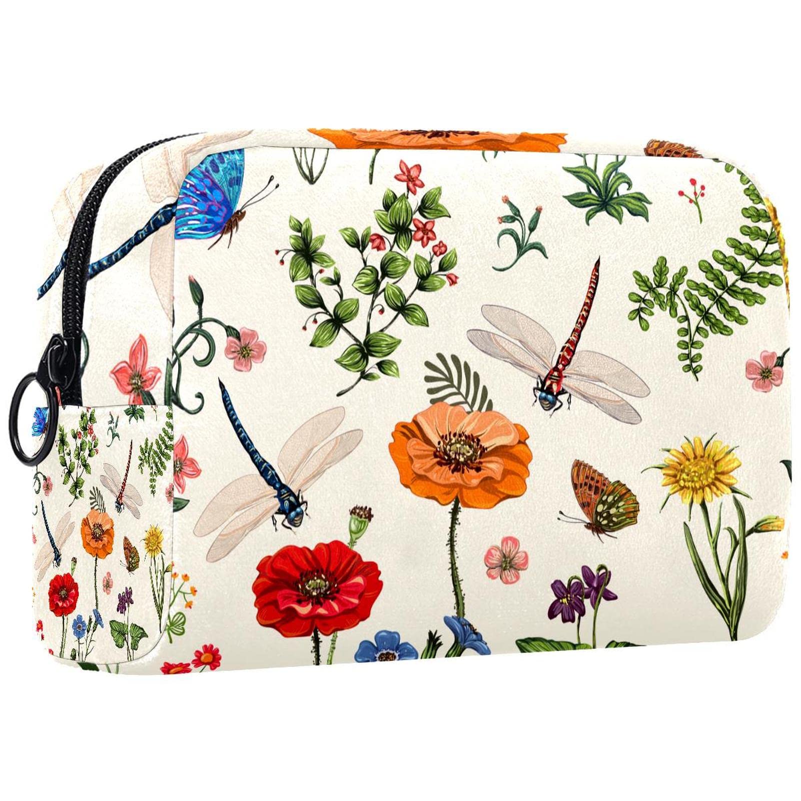 Floral Makeup Bag for Women - Travel Cosmetic Organizer with Colorful Flower & Butterfly Print - Perfect for Travel, Gym & Everyday Essentials Storage