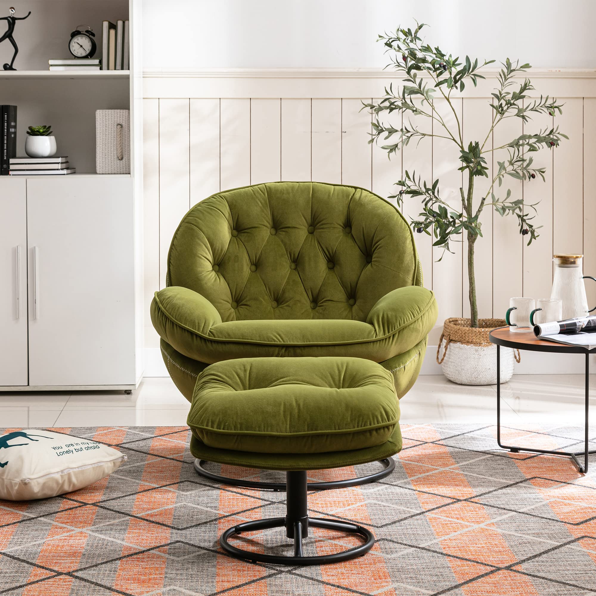 Velvet Swivel Accent Lounge Chair with Ottoman - Modern Cozy Living Room Chair for TV Watching, Reading & Relaxing - Upholstered Lazy Sofa & Chase Lounger for Bedroom, Living Room & Reading Nook (Green)