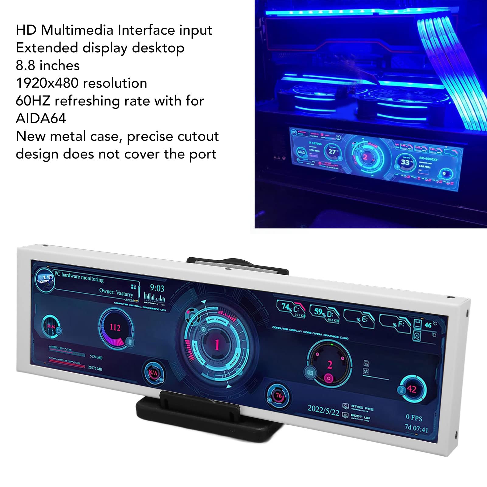 GOWENIC 8.8 Inch LCD Temperature Monitor for PC - 1920x480 Resolution, 60Hz Refresh Rate, AIDA64 Compatible for Real-Time CPU GPU SSD Monitoring - Perfect for Gaming Rigs and Workstations