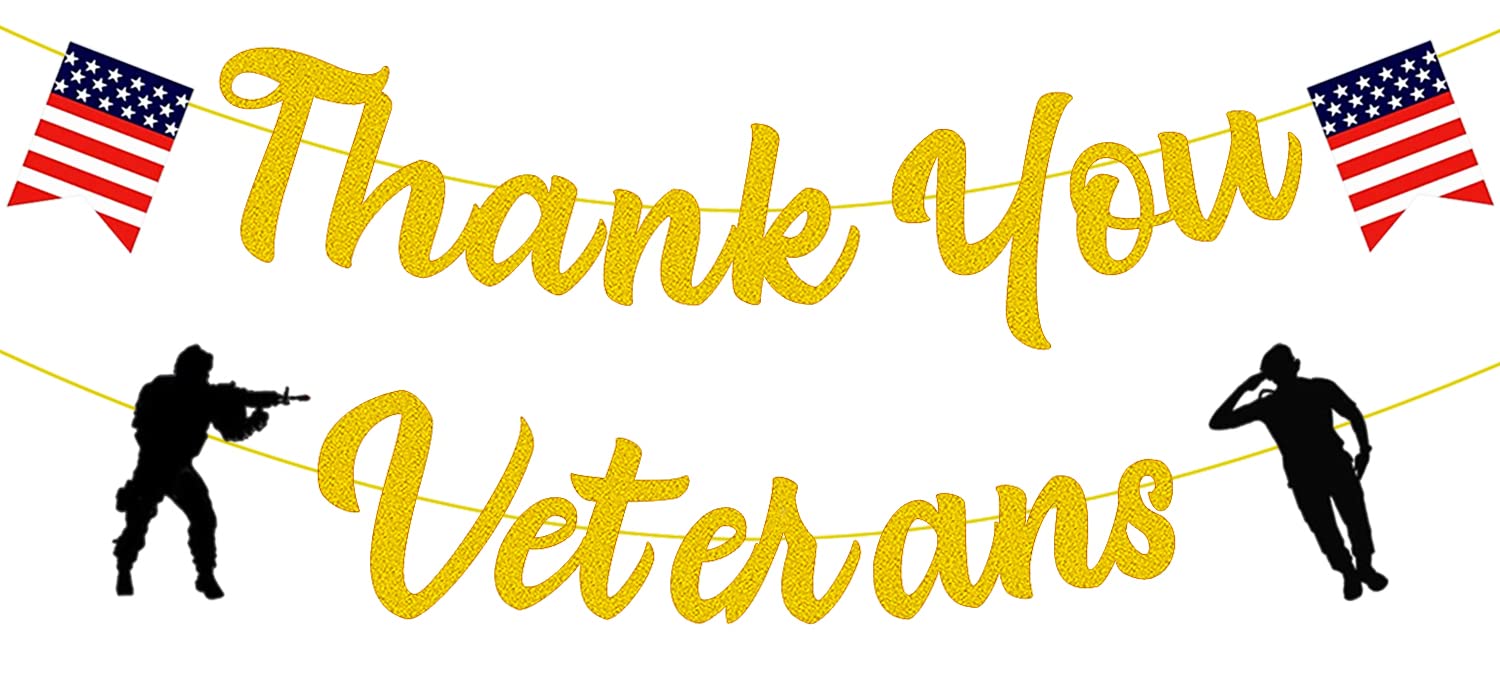 Gold Glitter Thank You Veterans Banner - Patriotic American Flag Decor for Veterans Day Party, Military Appreciation Events & Home Decoration | Land of the Free Because of the Brave Soldier Banner