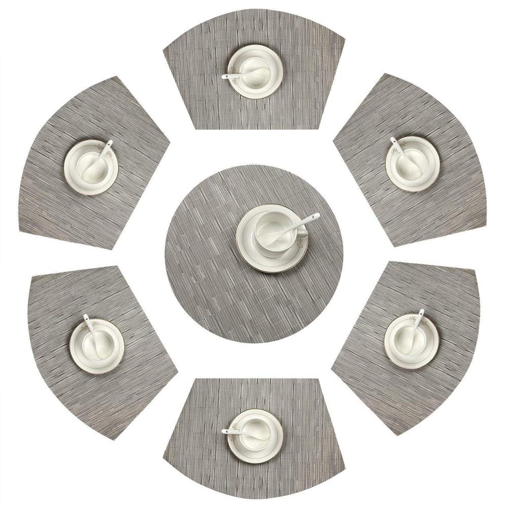 Premium Woven Vinyl Wedge Placemats Set - Heat Resistant & Easy Clean Round Dining Table Mats (1 Centerpiece + 6 Wedge Placemats, Silver) for Elegant Dinner Parties, Holiday Gatherings & Everyday Family Meals