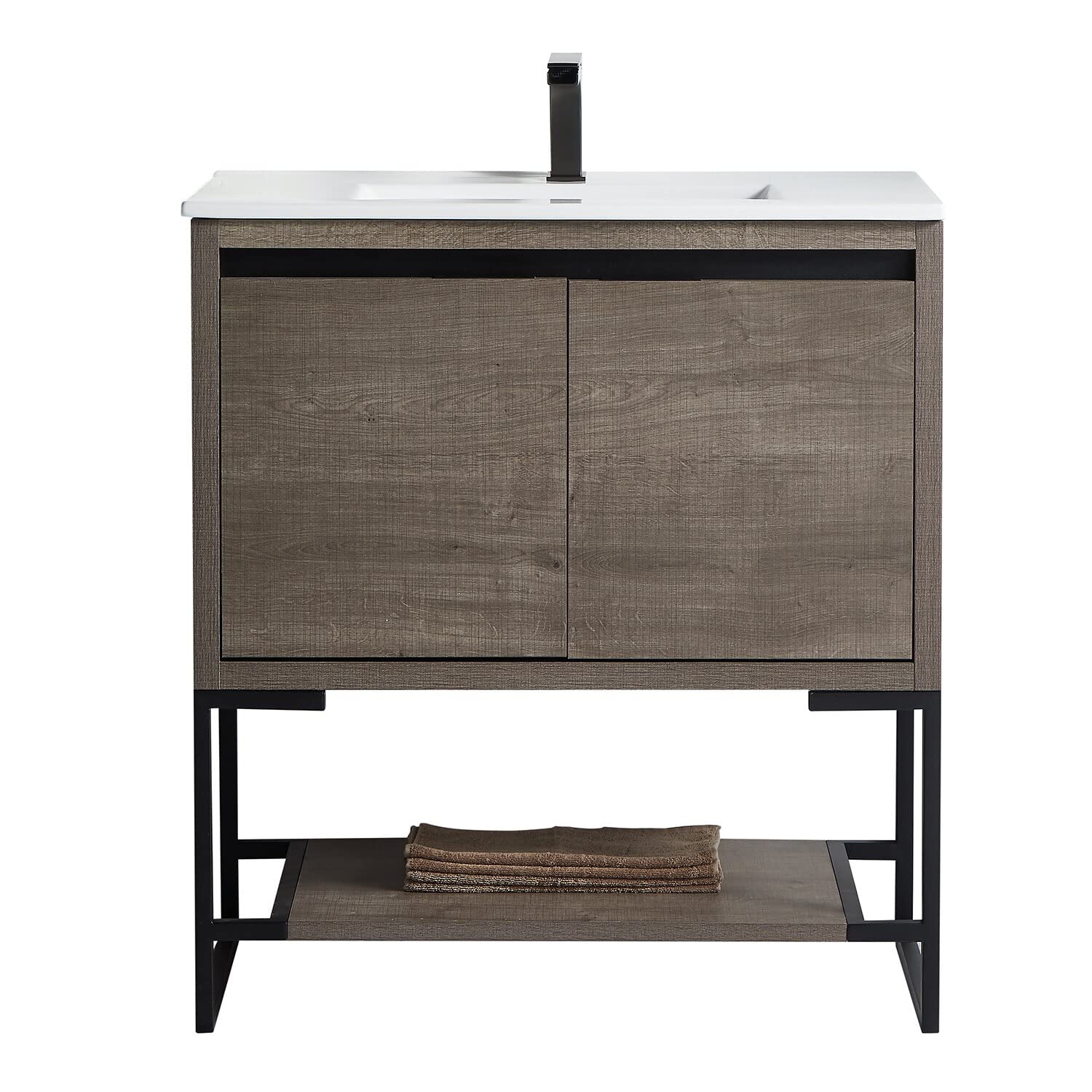 30 Inch Freestanding Bathroom Vanity with Sink - Soft Close Doors, Adjustable Shelf - Modern Small Bathroom Vanity in Plaid Grey Oak - Perfect for Compact Spaces & Apartment Bathrooms
