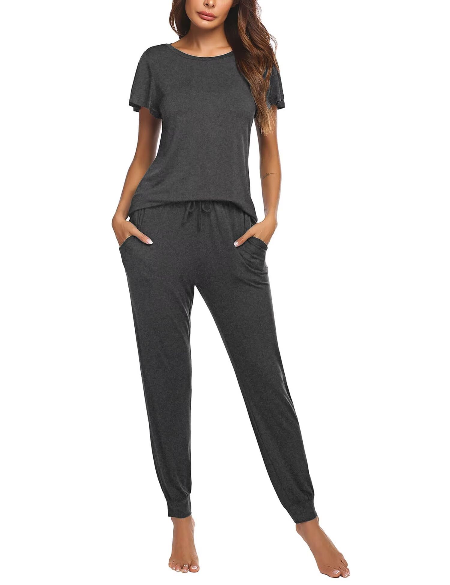 Ekouaer Women's Pajama Sets - Soft Short Sleeve Sleepwear & Long Pants Lounge Set with Pockets | Comfy Sleepwear for Nighttime & Relaxing at Home