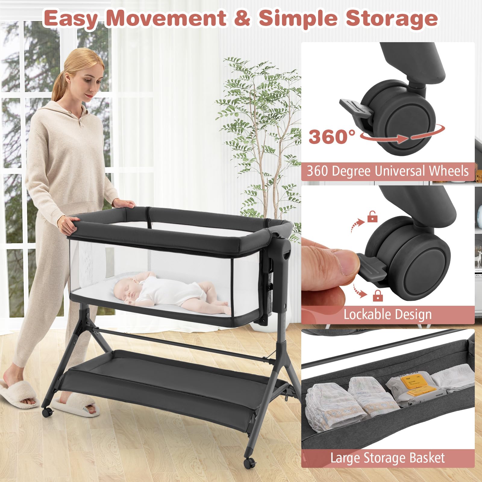 BABY JOY 3-in-1 Rocking Bassinet with Storage Basket - Adjustable Height Baby Bedside Sleeper with Universal Wheels, Mattress, Mesh Net & Portable Carry Bag - Perfect for Nursery, Bedroom & Travel (Gray)